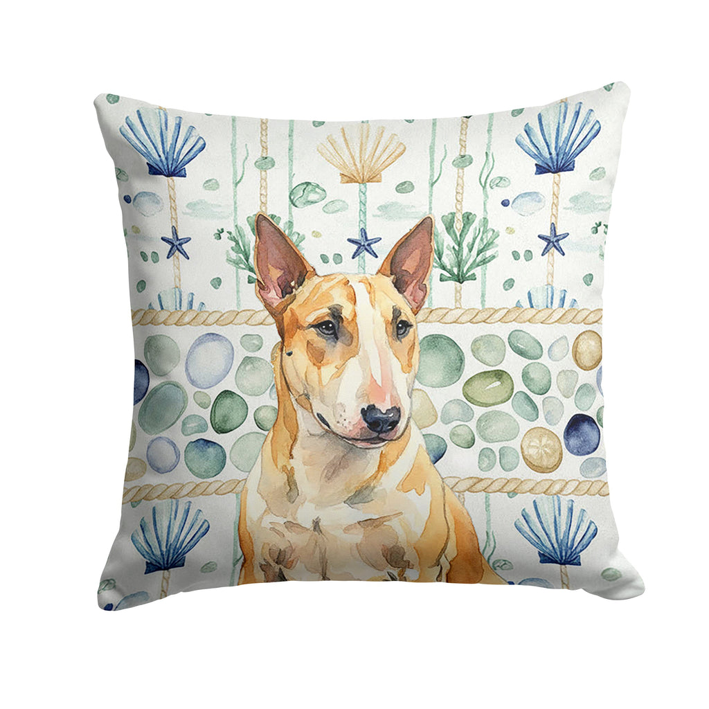 Miniature Bull Terrier Coastal Sea Glass Decorative Throw Pillow 14x14 Indoor Outdoor Accent Cushion, Fabric Cover with Insert for Sofa, Bed, Porch & Living Room
