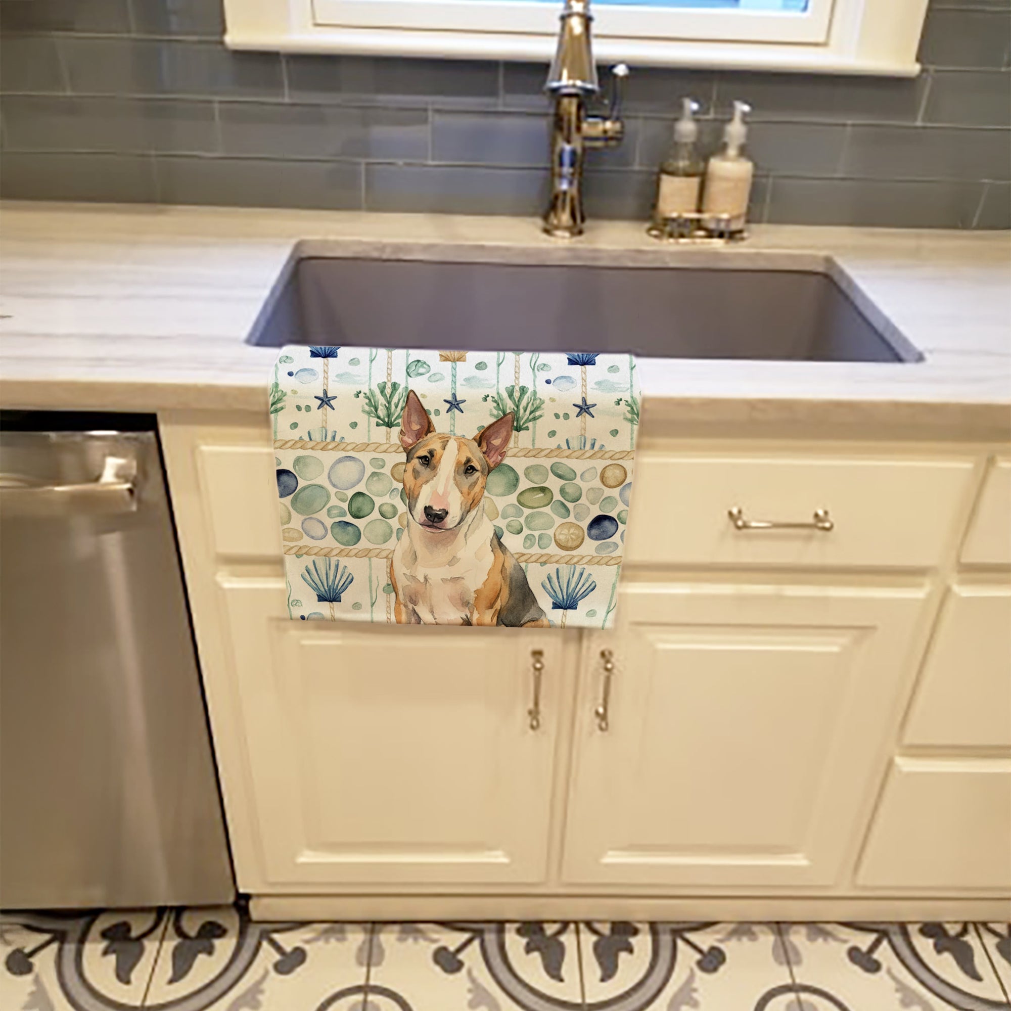 Tricolor Miniature Bull Terrier Coastal Sea Glass Kitchen Towel Velour Plush Front and Cotton Loop Back Machine Washable