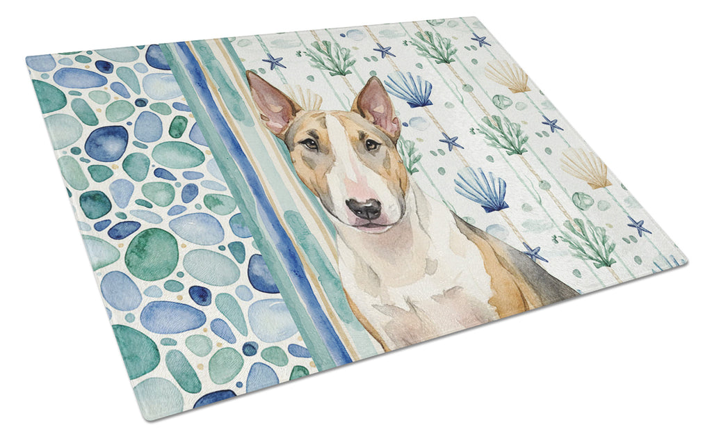 Tricolor Miniature Bull Terrier Coastal Sea Glass Cutting Board Tempered Glass Kitchen Cutting Surface, Heat Resistant Chopping, Non-Slip Feet, Food Prep & Serving