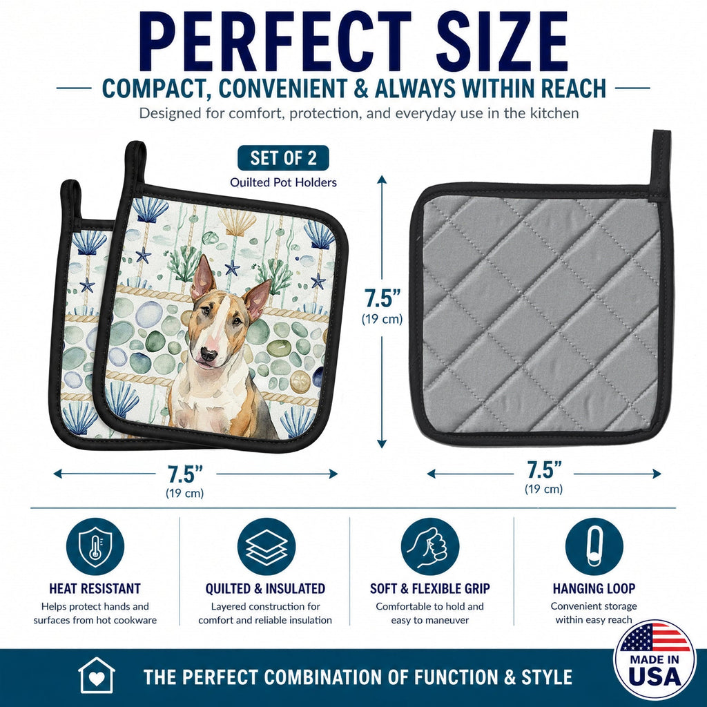 Tricolor Miniature Bull Terrier Coastal Sea Glass Pot Holder Set of 2 Heat Resistant Quilted Hot Pads 7.5 x 7.5 Inch, Insulated Kitchen Trivets for Cooking & Baking