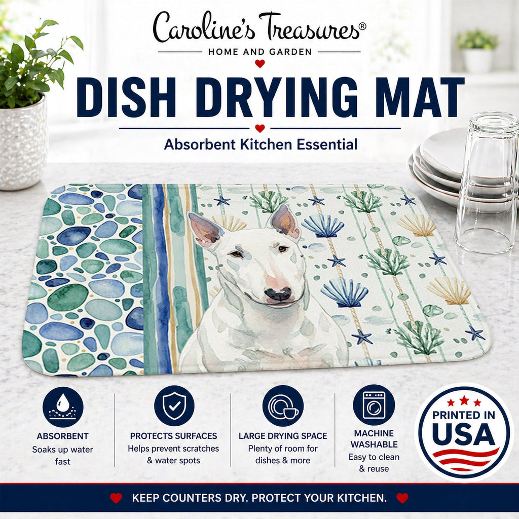 White Miniature Bull Terrier Coastal Sea Glass Dish Drying Mat Absorbent Dish Drying Mat Pad for Kitchen Counter Dish Drainer Mat for Countertop, 14 x 21", Multicolor