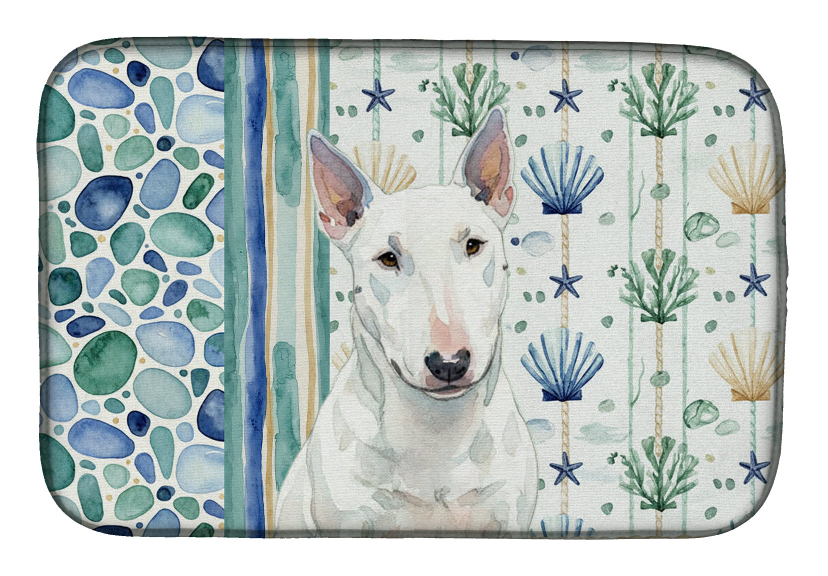White Miniature Bull Terrier Coastal Sea Glass Dish Drying Mat Absorbent Dish Drying Mat Pad for Kitchen Counter Dish Drainer Mat for Countertop, 14 x 21", Multicolor