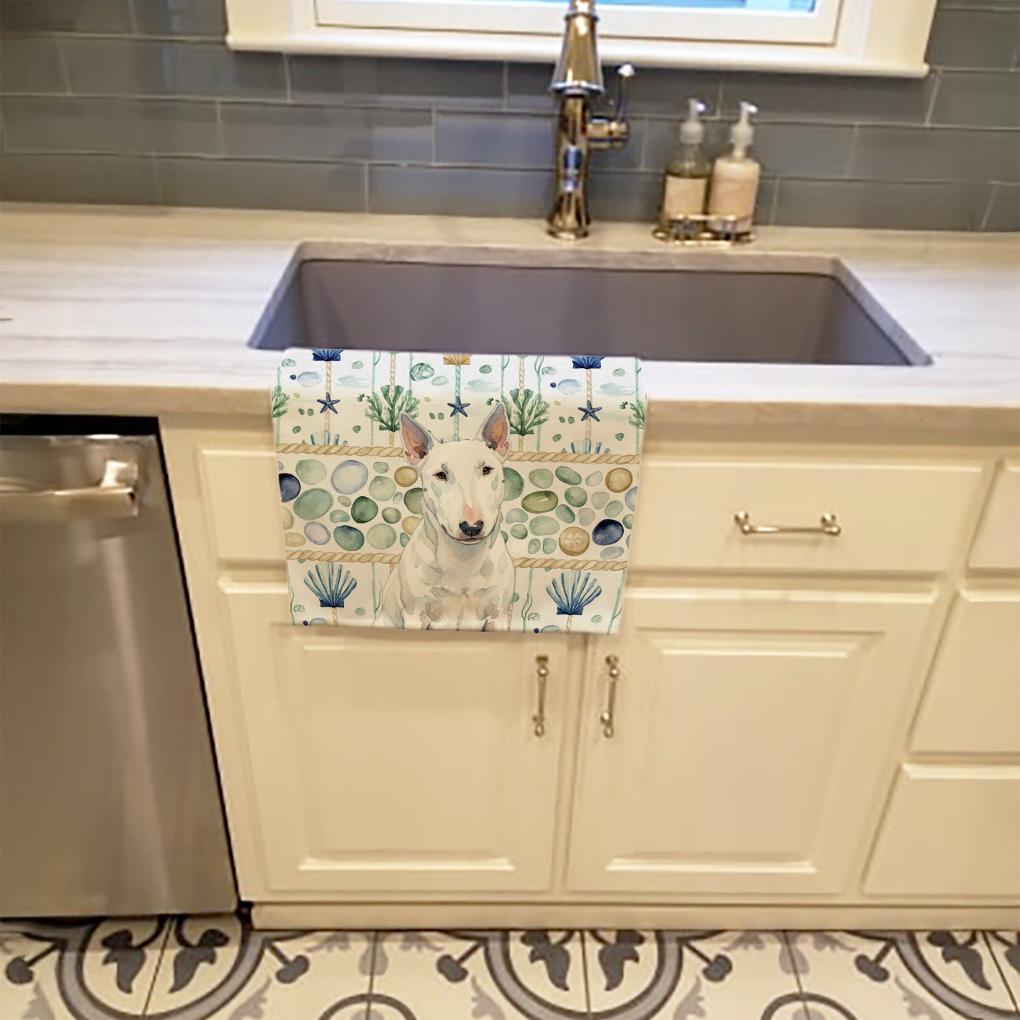 White Miniature Bull Terrier Coastal Sea Glass Kitchen Towel Velour Plush Front and Cotton Loop Back Machine Washable