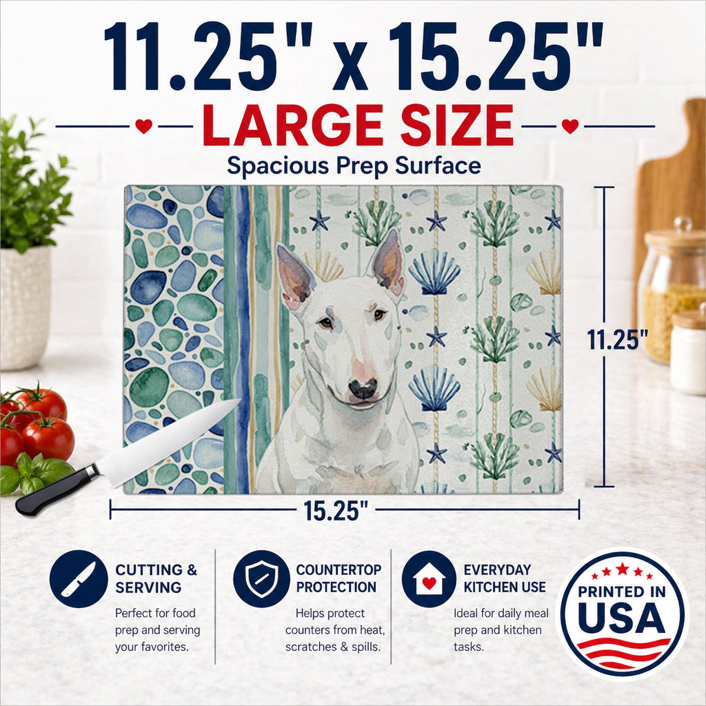 White Miniature Bull Terrier Coastal Sea Glass Cutting Board Tempered Glass Kitchen Cutting Surface, Heat Resistant Chopping, Non-Slip Feet, Food Prep & Serving