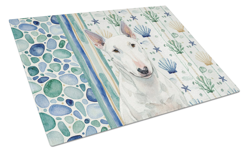 White Miniature Bull Terrier Coastal Sea Glass Cutting Board Tempered Glass Kitchen Cutting Surface, Heat Resistant Chopping, Non-Slip Feet, Food Prep & Serving