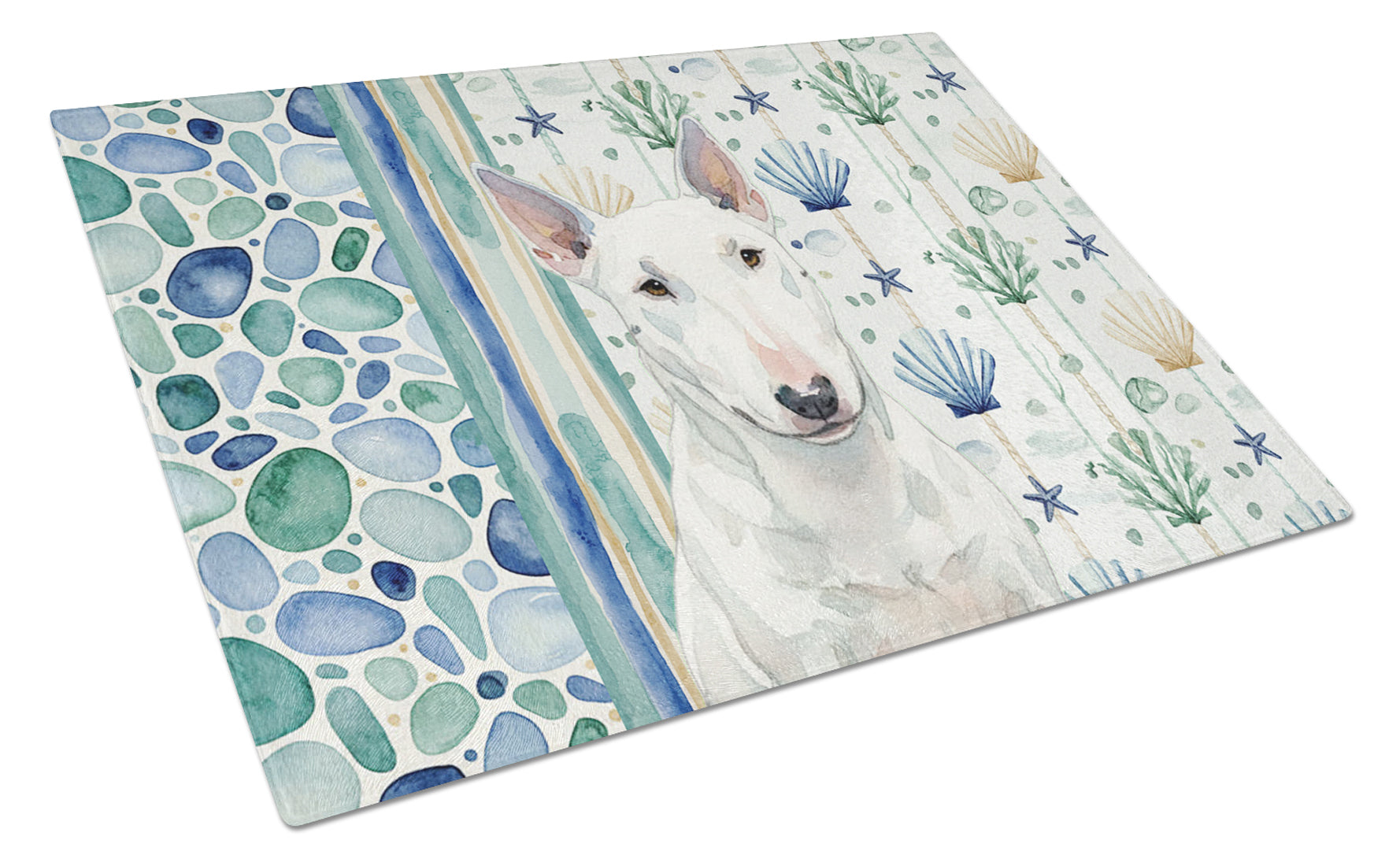 White Miniature Bull Terrier Coastal Sea Glass Cutting Board Tempered Glass Kitchen Cutting Surface, Heat Resistant Chopping, Non-Slip Feet, Food Prep & Serving