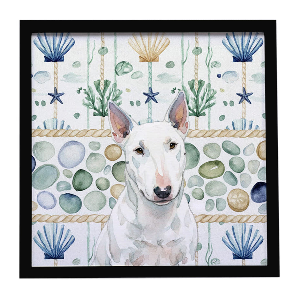 White Miniature Bull Terrier Coastal Sea Glass Framed Metal Print Bathroom, Kitchen, Office, Home Decor Wall Art Ready to Hang, Square, 8X8