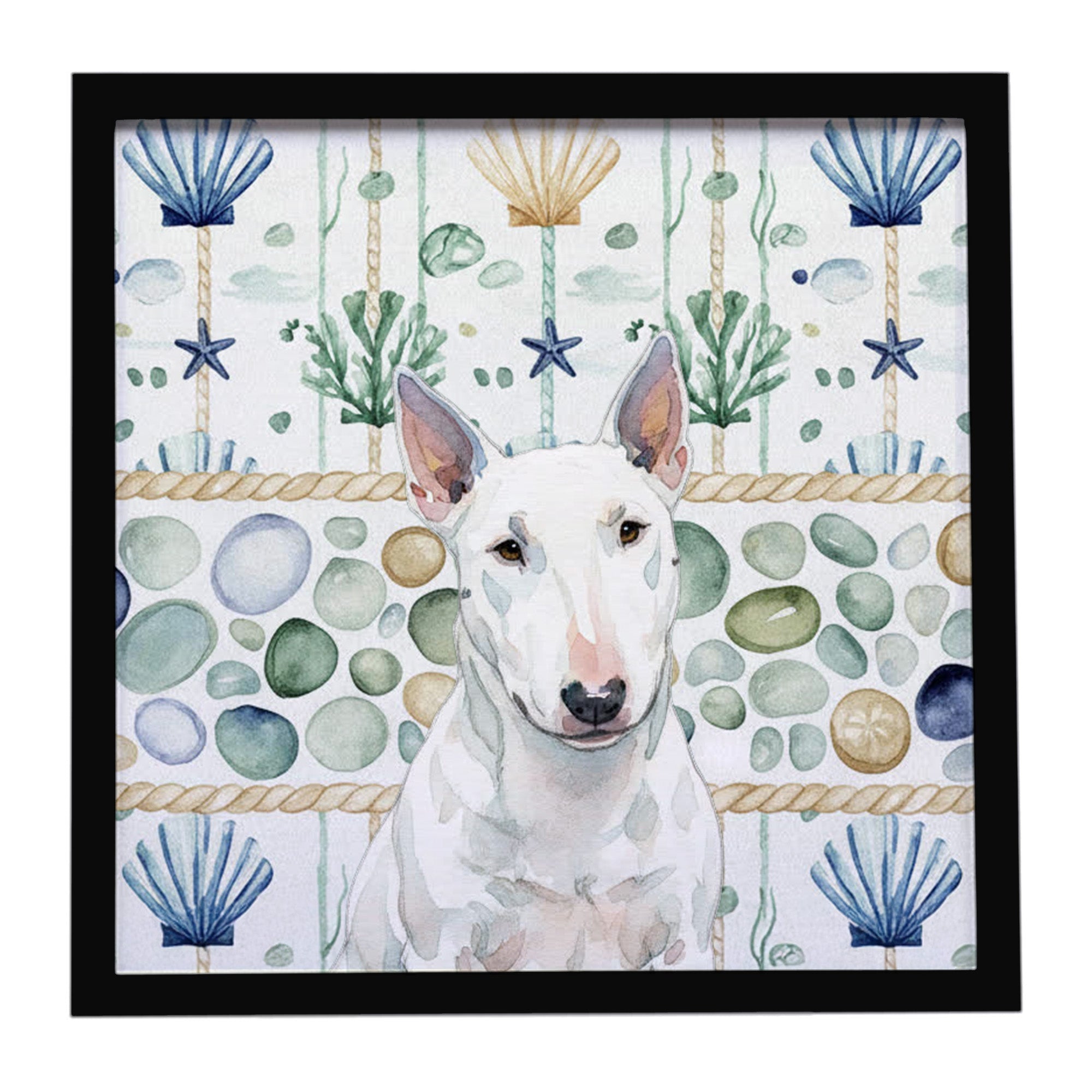White Miniature Bull Terrier Coastal Sea Glass Framed Metal Print Bathroom, Kitchen, Office, Home Decor Wall Art Ready to Hang, Square, 8X8