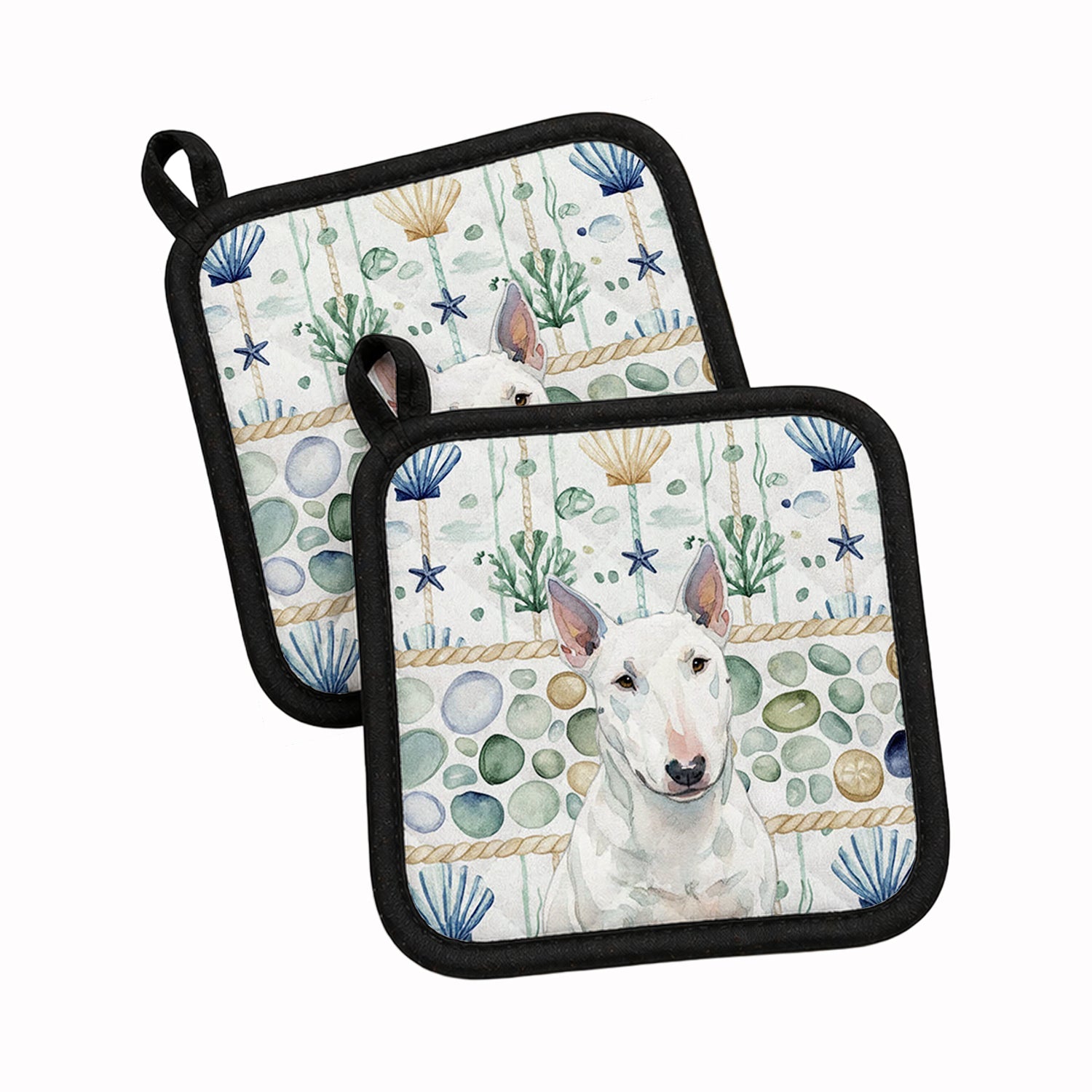 White Miniature Bull Terrier Coastal Sea Glass Pot Holder Set of 2 Heat Resistant Quilted Hot Pads 7.5 x 7.5 Inch, Insulated Kitchen Trivets for Cooking & Baking