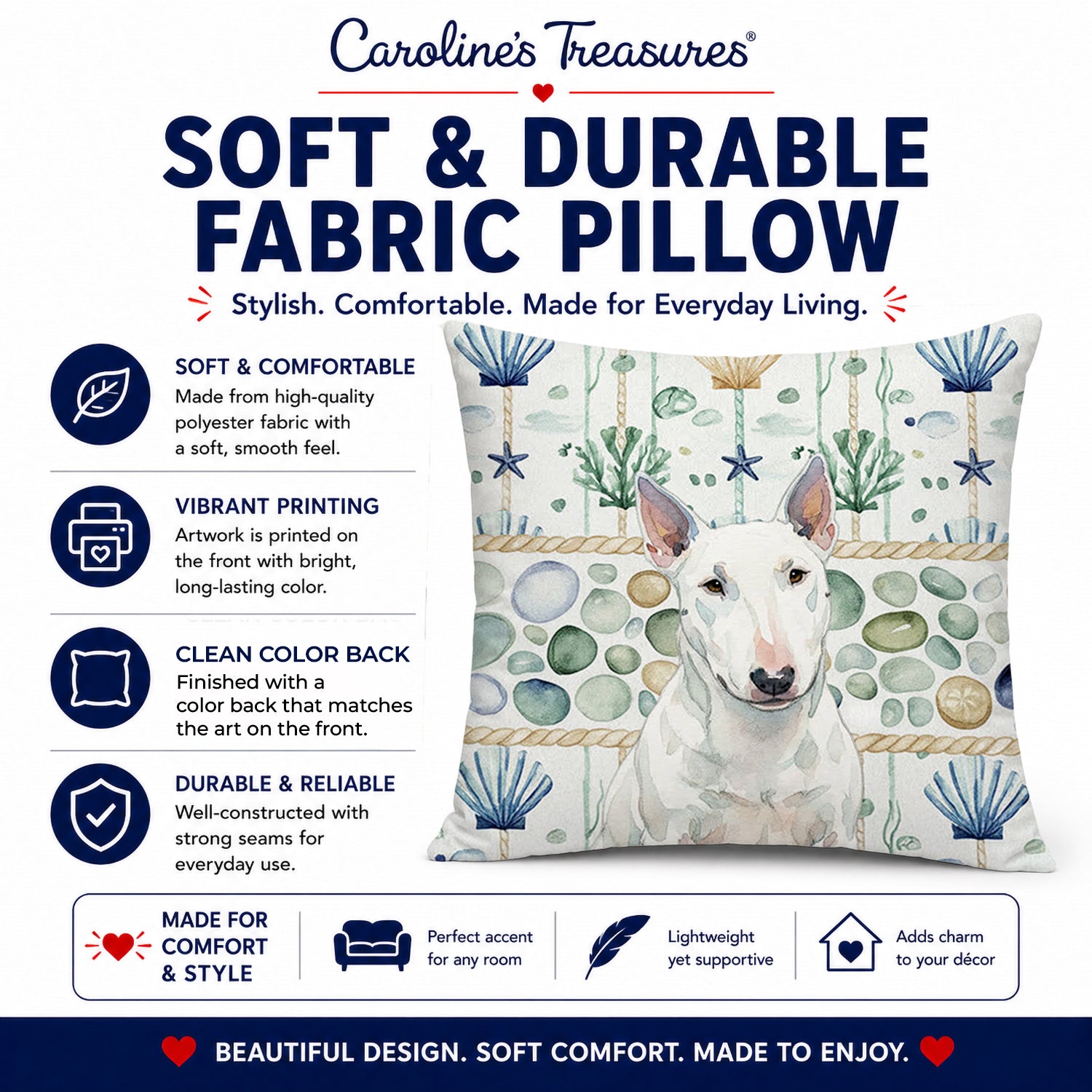 White Miniature Bull Terrier Coastal Sea Glass Decorative Throw Pillow 14x14 Indoor Outdoor Accent Cushion, Fabric Cover with Insert for Sofa, Bed, Porch & Living Room