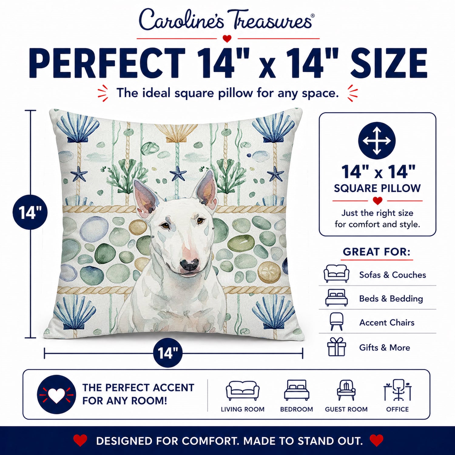 White Miniature Bull Terrier Coastal Sea Glass Decorative Throw Pillow 14x14 Indoor Outdoor Accent Cushion, Fabric Cover with Insert for Sofa, Bed, Porch & Living Room
