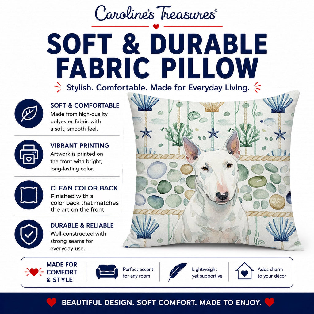 White Miniature Bull Terrier Coastal Sea Glass Decorative Throw Pillow 18x18 Indoor Outdoor Accent Cushion, Fabric Cover with Insert for Sofa, Bed, Porch & Living Room