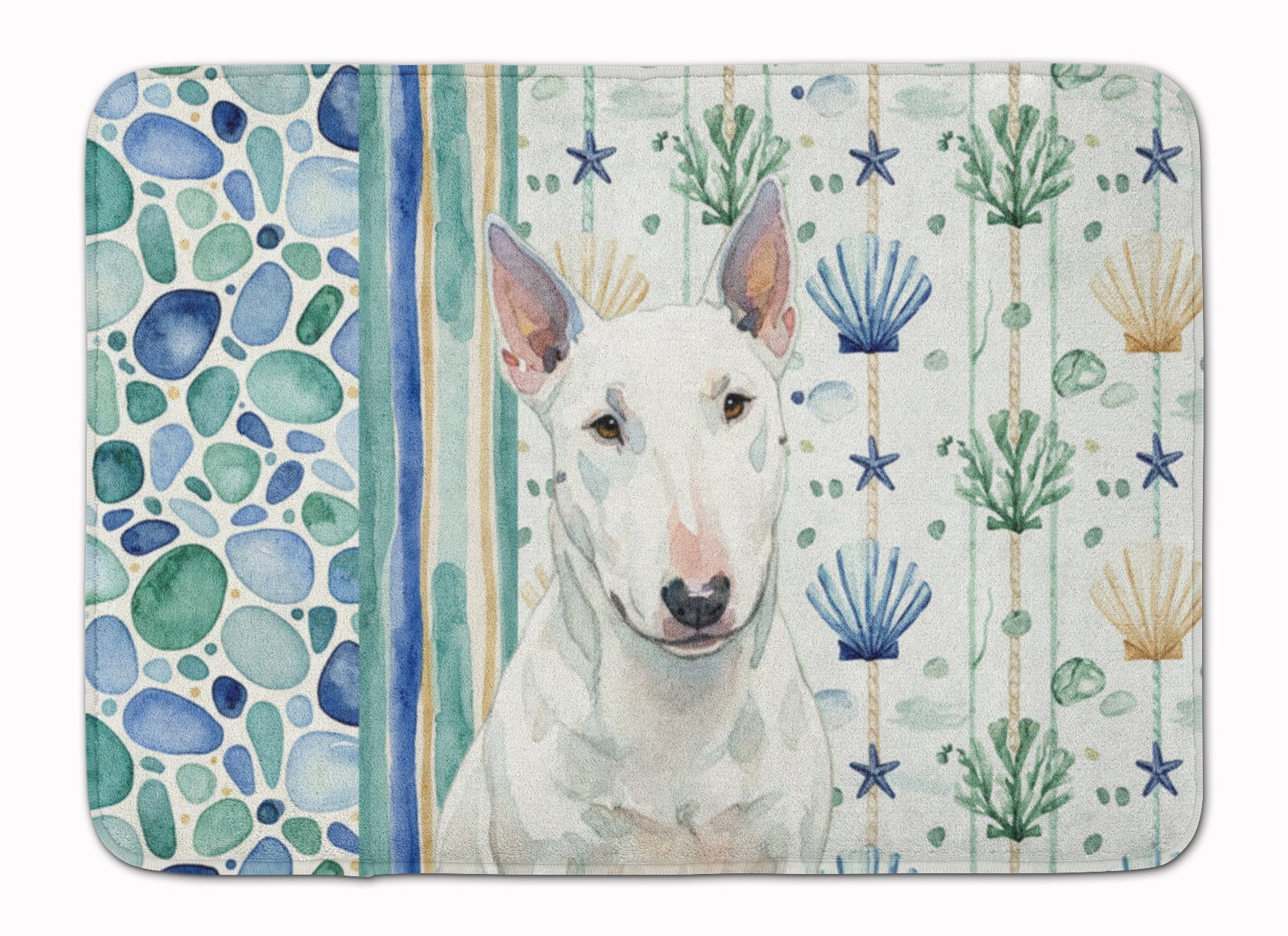 White Miniature Bull Terrier Coastal Sea Glass Memory Foam Kitchen Mat Machine Washable Anti-Fatigue Cushion Comfort Bath or Kitchen Rug