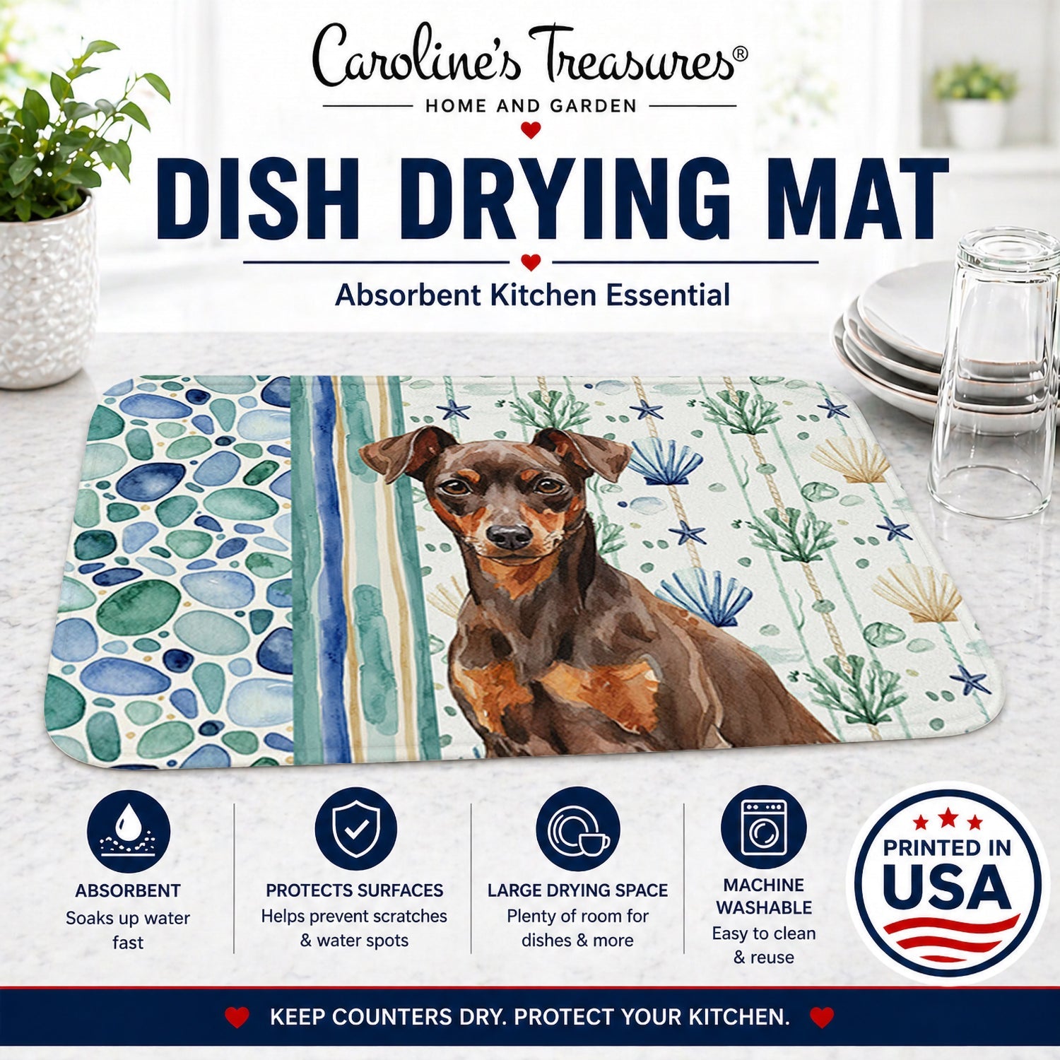 Chocolate and Rust Miniature Pinscher Min Pin Coastal Sea Glass Dish Drying Mat Absorbent Dish Drying Mat Pad for Kitchen Counter Dish Drainer Mat for Countertop, 14 x 21", Multicolor