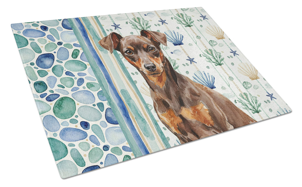 Chocolate and Rust Miniature Pinscher Min Pin Coastal Sea Glass Cutting Board Tempered Glass Kitchen Cutting Surface, Heat Resistant Chopping, Non-Slip Feet, Food Prep & Serving