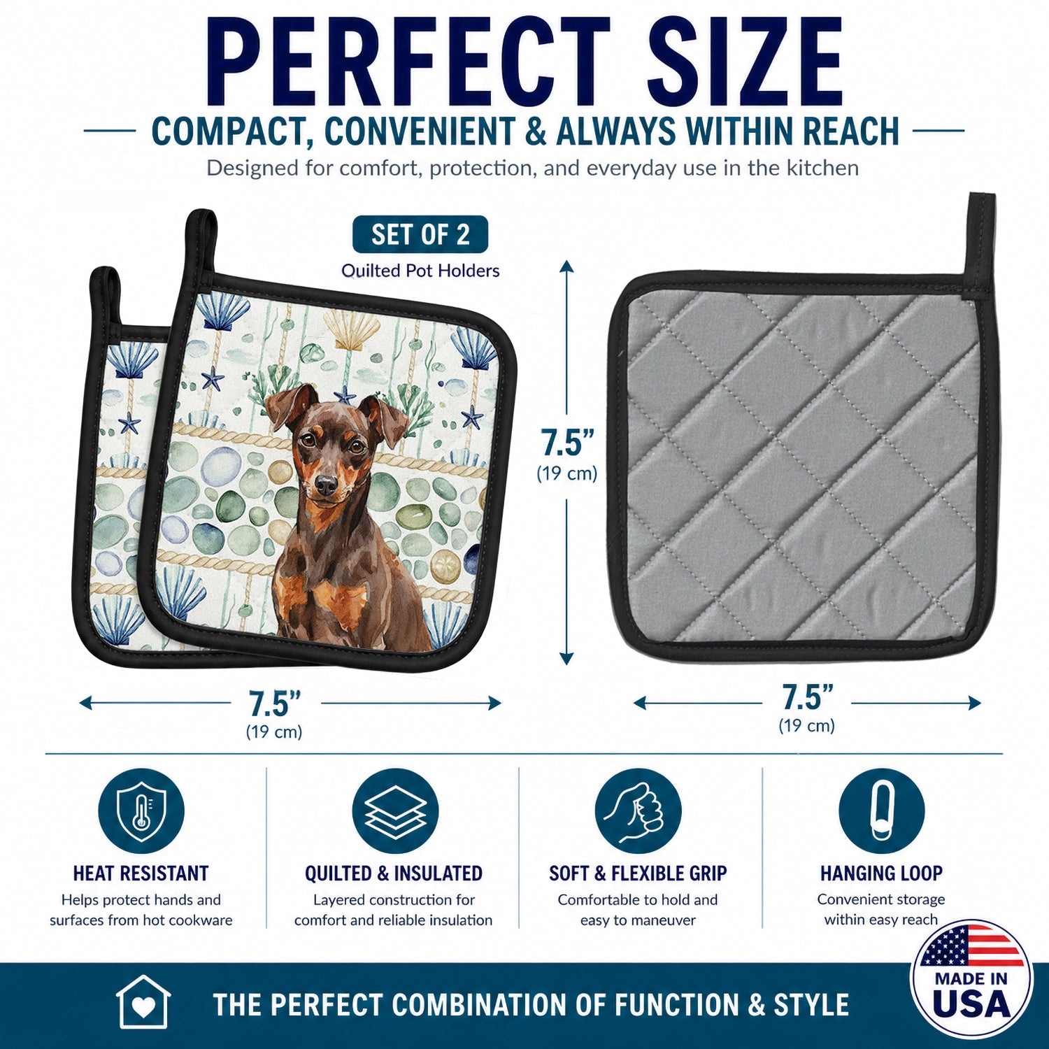 Chocolate and Rust Miniature Pinscher Min Pin Coastal Sea Glass Pot Holder Set of 2 Heat Resistant Quilted Hot Pads 7.5 x 7.5 Inch, Insulated Kitchen Trivets for Cooking & Baking