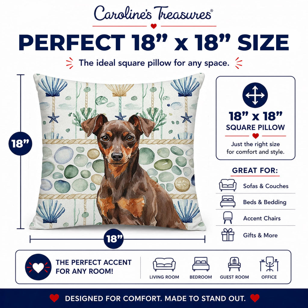 Chocolate and Rust Miniature Pinscher Min Pin Coastal Sea Glass Decorative Throw Pillow 18x18 Indoor Outdoor Accent Cushion, Fabric Cover with Insert for Sofa, Bed, Porch & Living Room