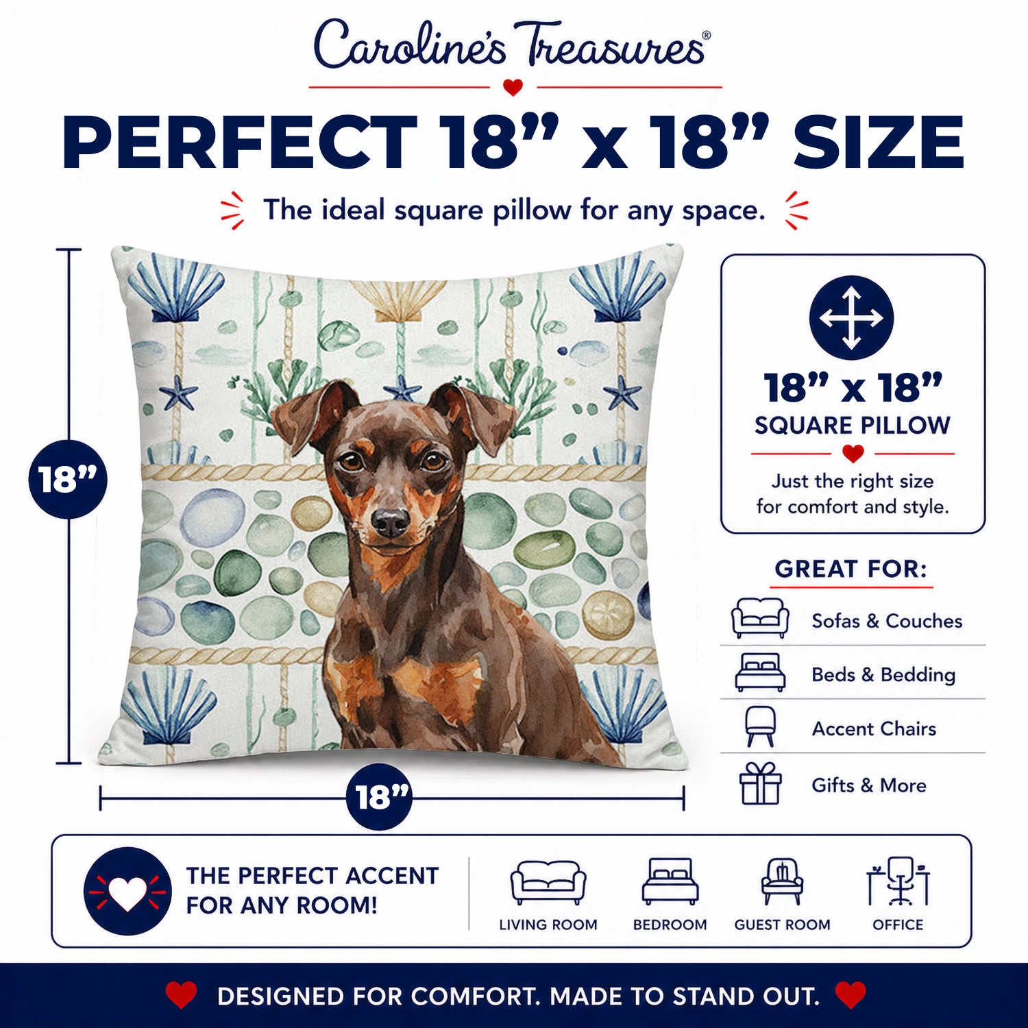 Chocolate and Rust Miniature Pinscher Min Pin Coastal Sea Glass Decorative Throw Pillow 18x18 Indoor Outdoor Accent Cushion, Fabric Cover with Insert for Sofa, Bed, Porch & Living Room