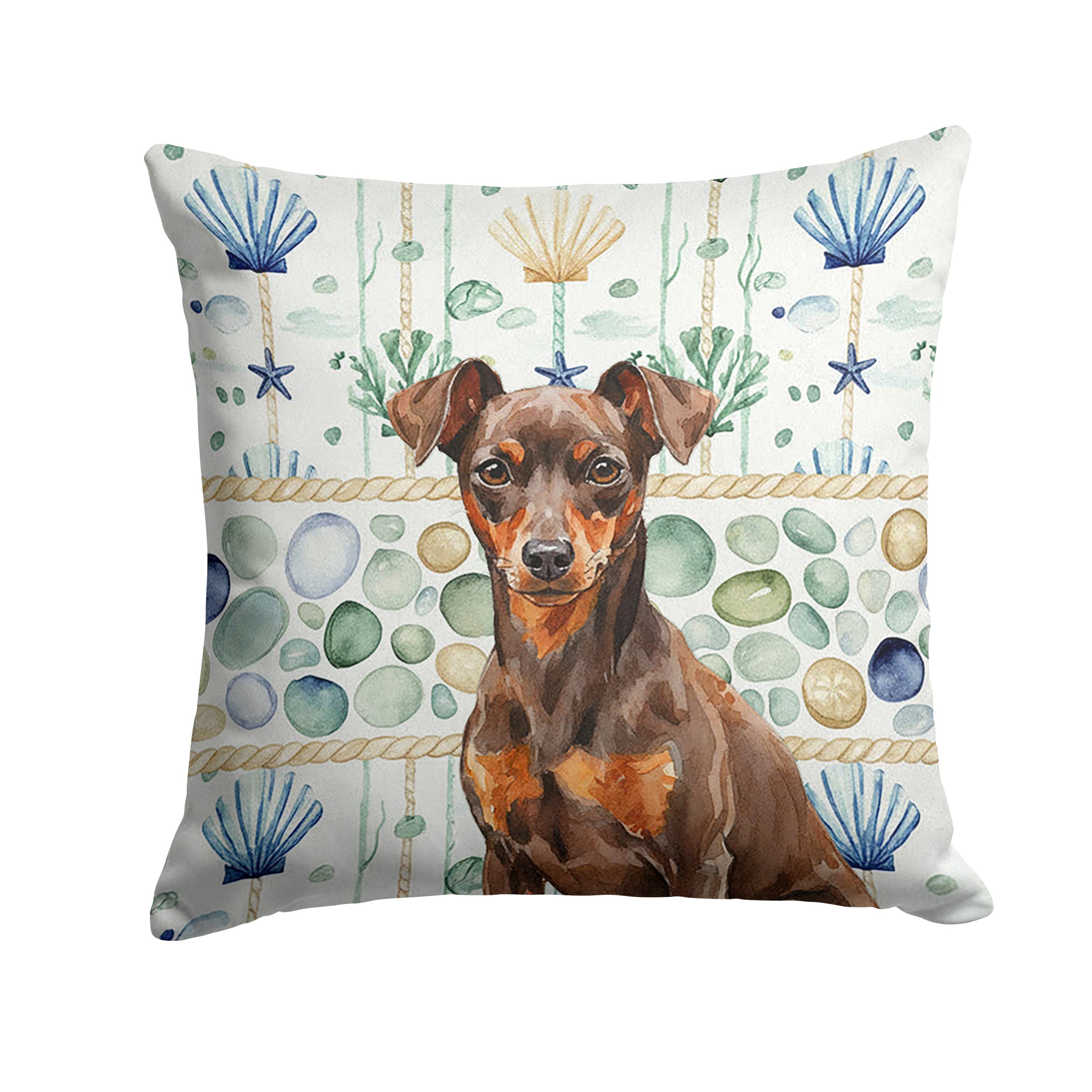Chocolate and Rust Miniature Pinscher Min Pin Coastal Sea Glass Decorative Throw Pillow 18x18 Indoor Outdoor Accent Cushion, Fabric Cover with Insert for Sofa, Bed, Porch & Living Room