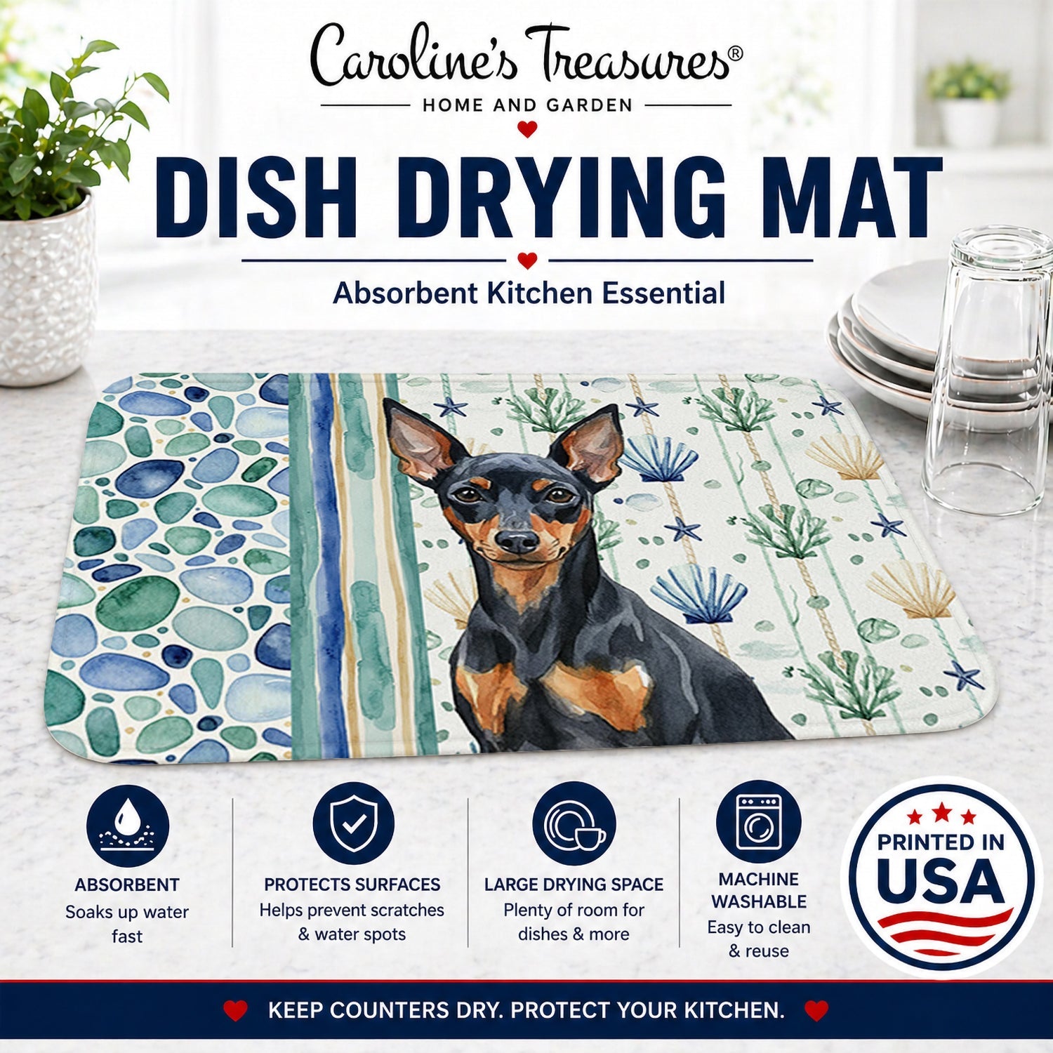 Black and Tan Miniature Pinscher Coastal Sea Glass Dish Drying Mat Absorbent Dish Drying Mat Pad for Kitchen Counter Dish Drainer Mat for Countertop, 14 x 21", Multicolor