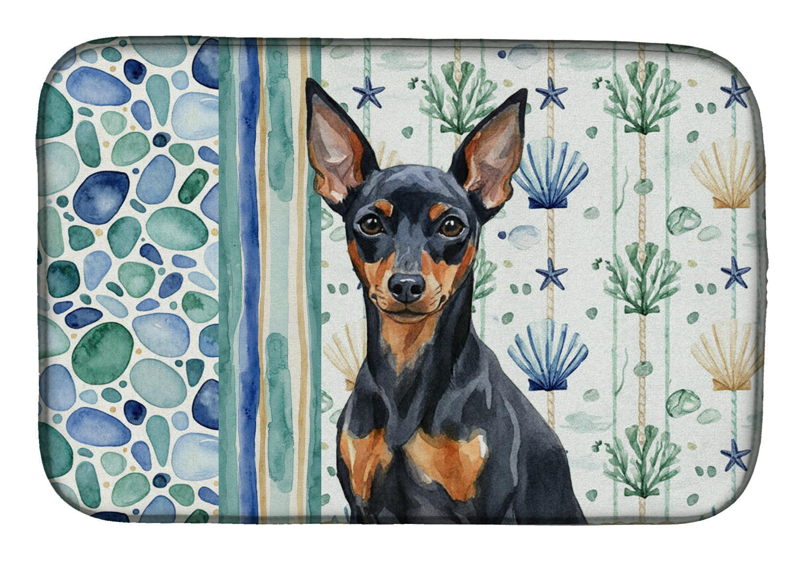 Black and Tan Miniature Pinscher Coastal Sea Glass Dish Drying Mat Absorbent Dish Drying Mat Pad for Kitchen Counter Dish Drainer Mat for Countertop, 14 x 21", Multicolor