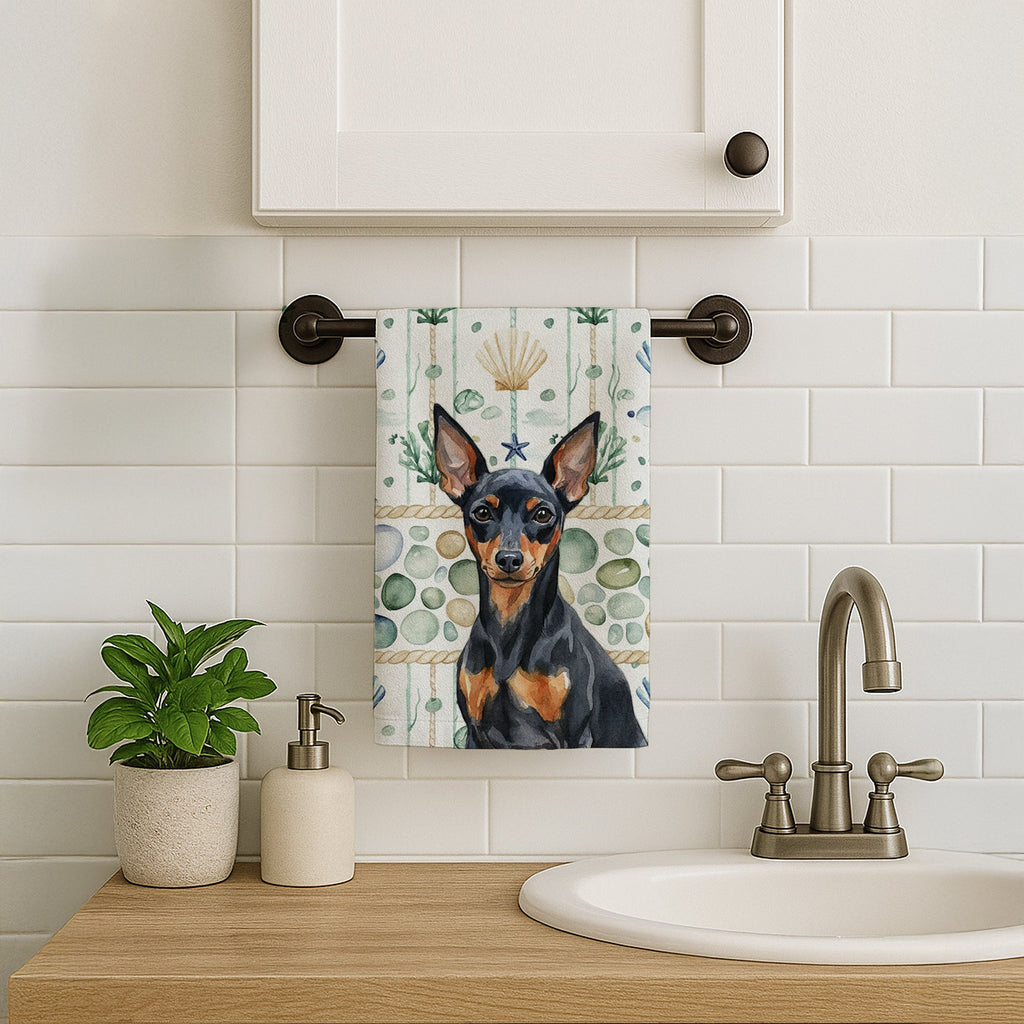 Black and Tan Miniature Pinscher Coastal Sea Glass Kitchen Towel Velour Plush Front and Cotton Loop Back Machine Washable