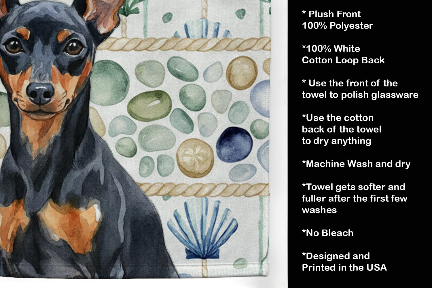 Black and Tan Miniature Pinscher Coastal Sea Glass Kitchen Towel Velour Plush Front and Cotton Loop Back Machine Washable
