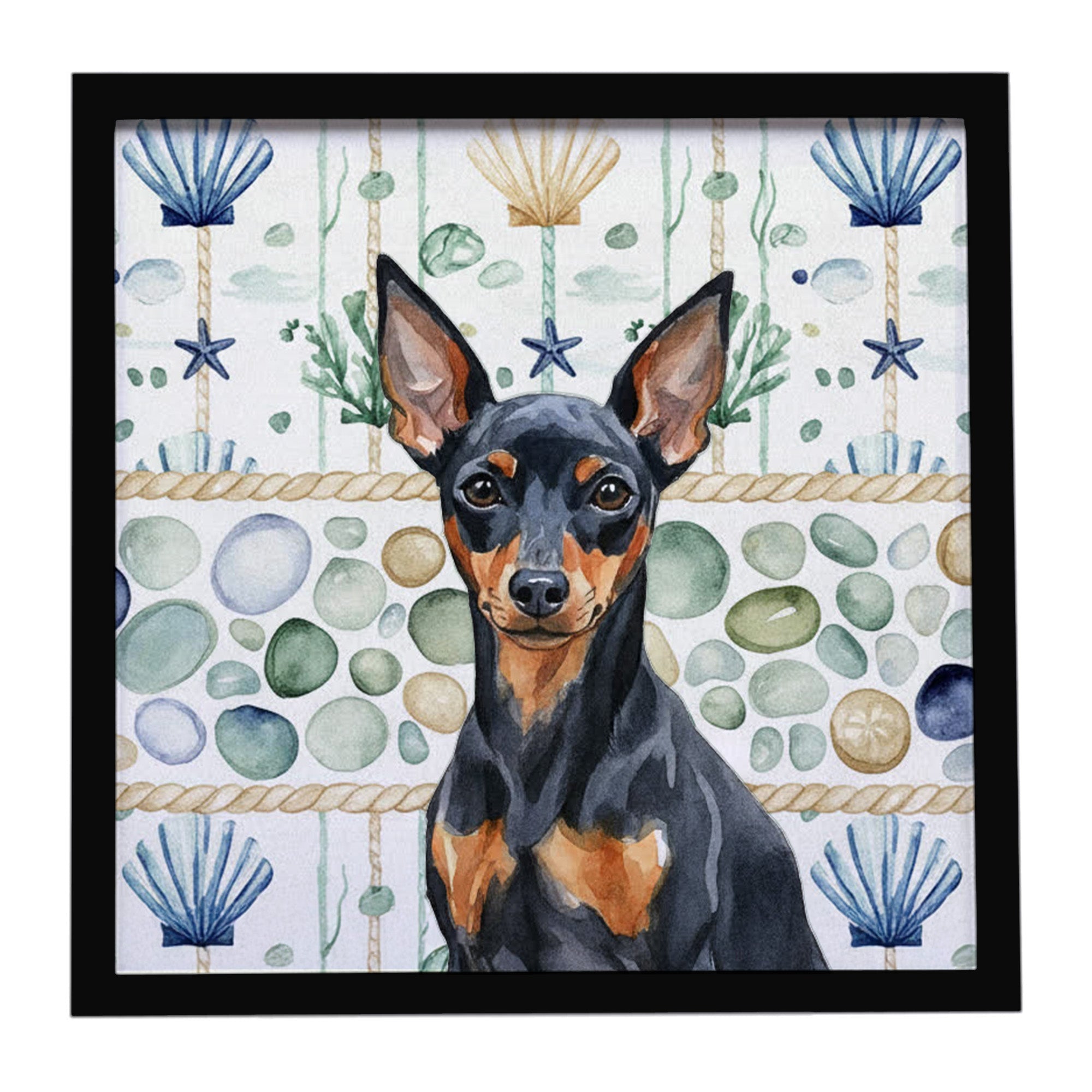 Black and Tan Miniature Pinscher Coastal Sea Glass Framed Metal Print Bathroom, Kitchen, Office, Home Decor Wall Art Ready to Hang, Square, 8X8