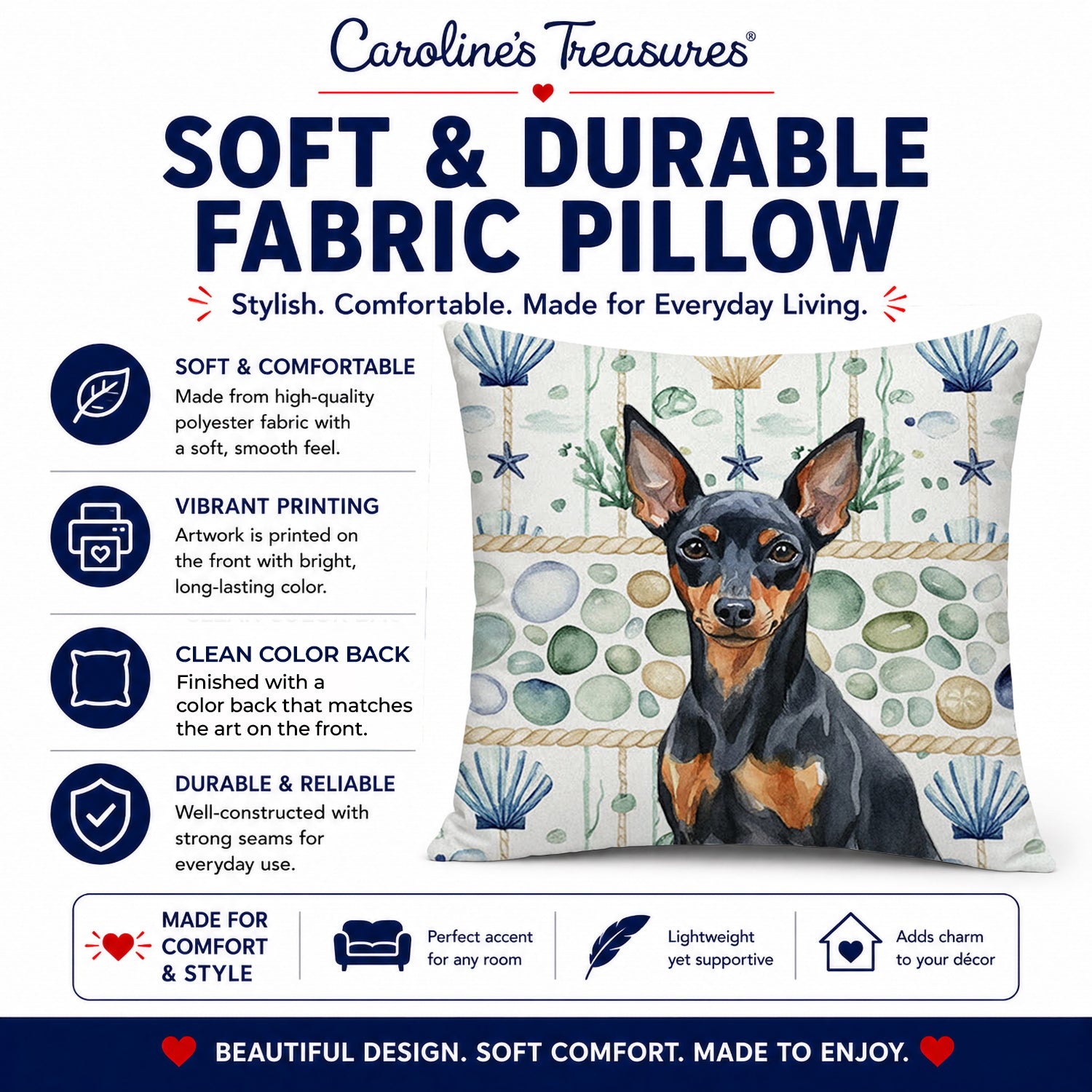 Black and Tan Miniature Pinscher Coastal Sea Glass Decorative Throw Pillow 18x18 Indoor Outdoor Accent Cushion, Fabric Cover with Insert for Sofa, Bed, Porch & Living Room