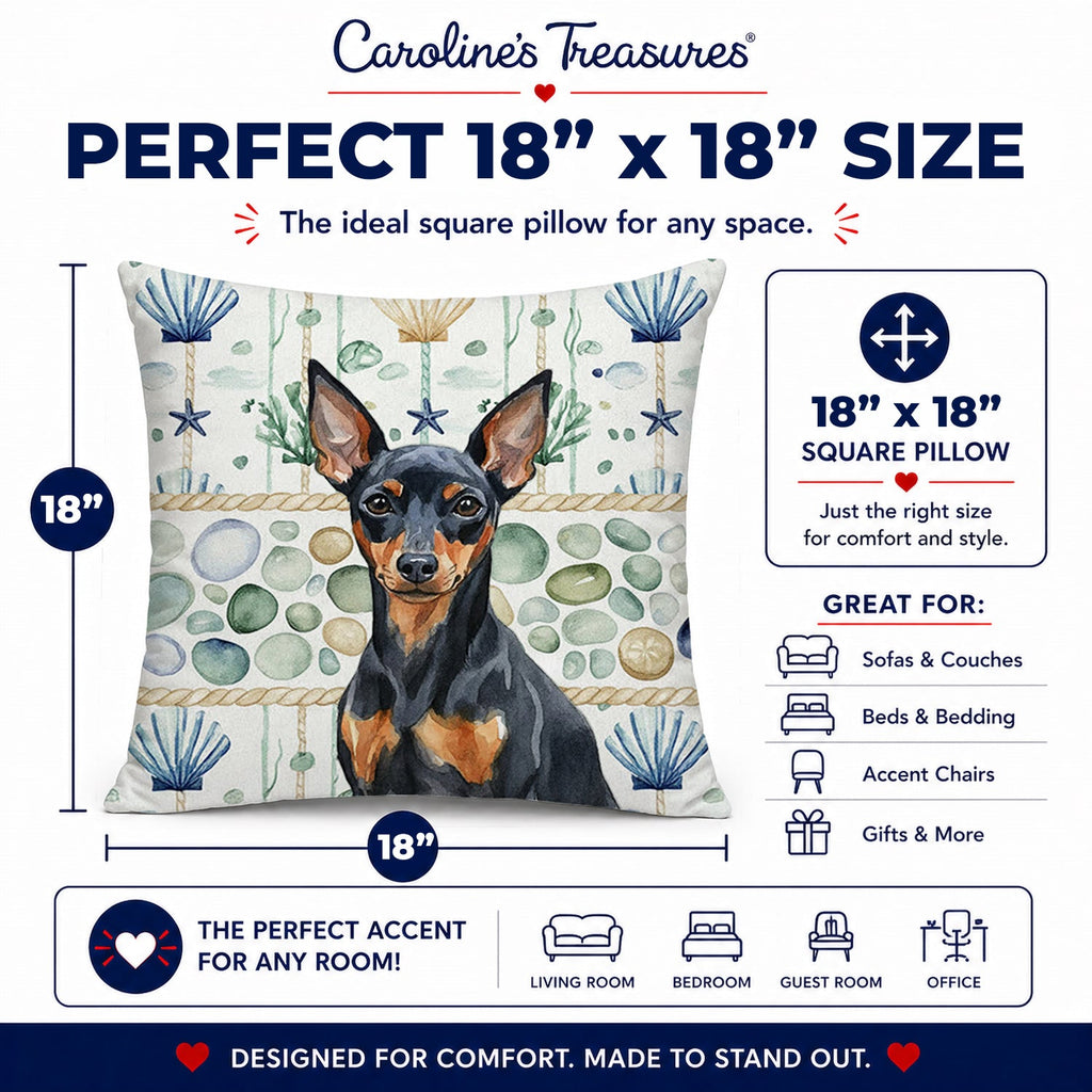 Black and Tan Miniature Pinscher Coastal Sea Glass Decorative Throw Pillow 18x18 Indoor Outdoor Accent Cushion, Fabric Cover with Insert for Sofa, Bed, Porch & Living Room