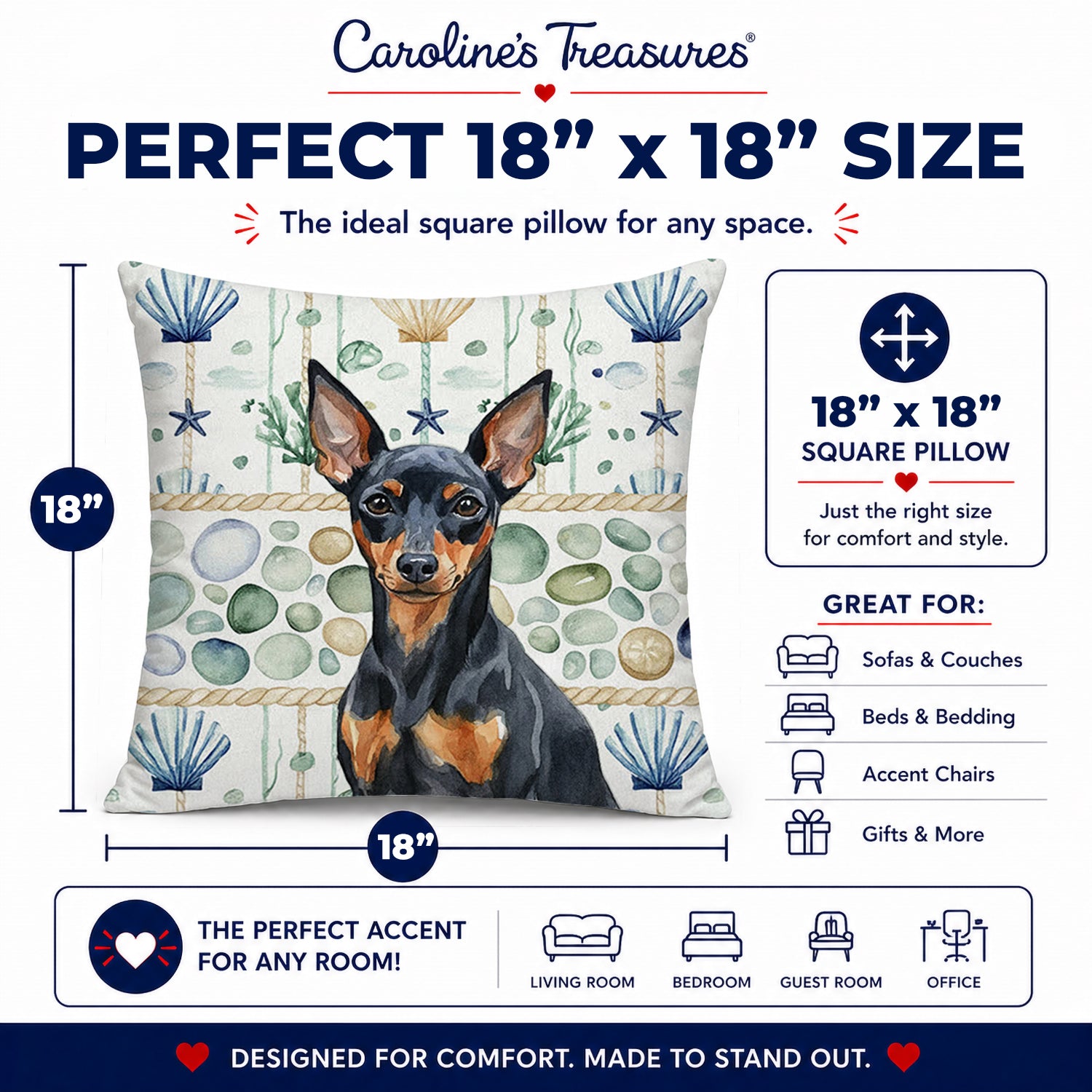 Black and Tan Miniature Pinscher Coastal Sea Glass Decorative Throw Pillow 18x18 Indoor Outdoor Accent Cushion, Fabric Cover with Insert for Sofa, Bed, Porch & Living Room