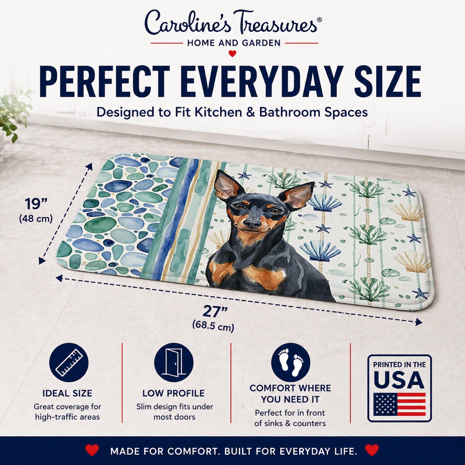 Black and Tan Miniature Pinscher Coastal Sea Glass Memory Foam Kitchen Mat Machine Washable Anti-Fatigue Cushion Comfort Bath or Kitchen Rug