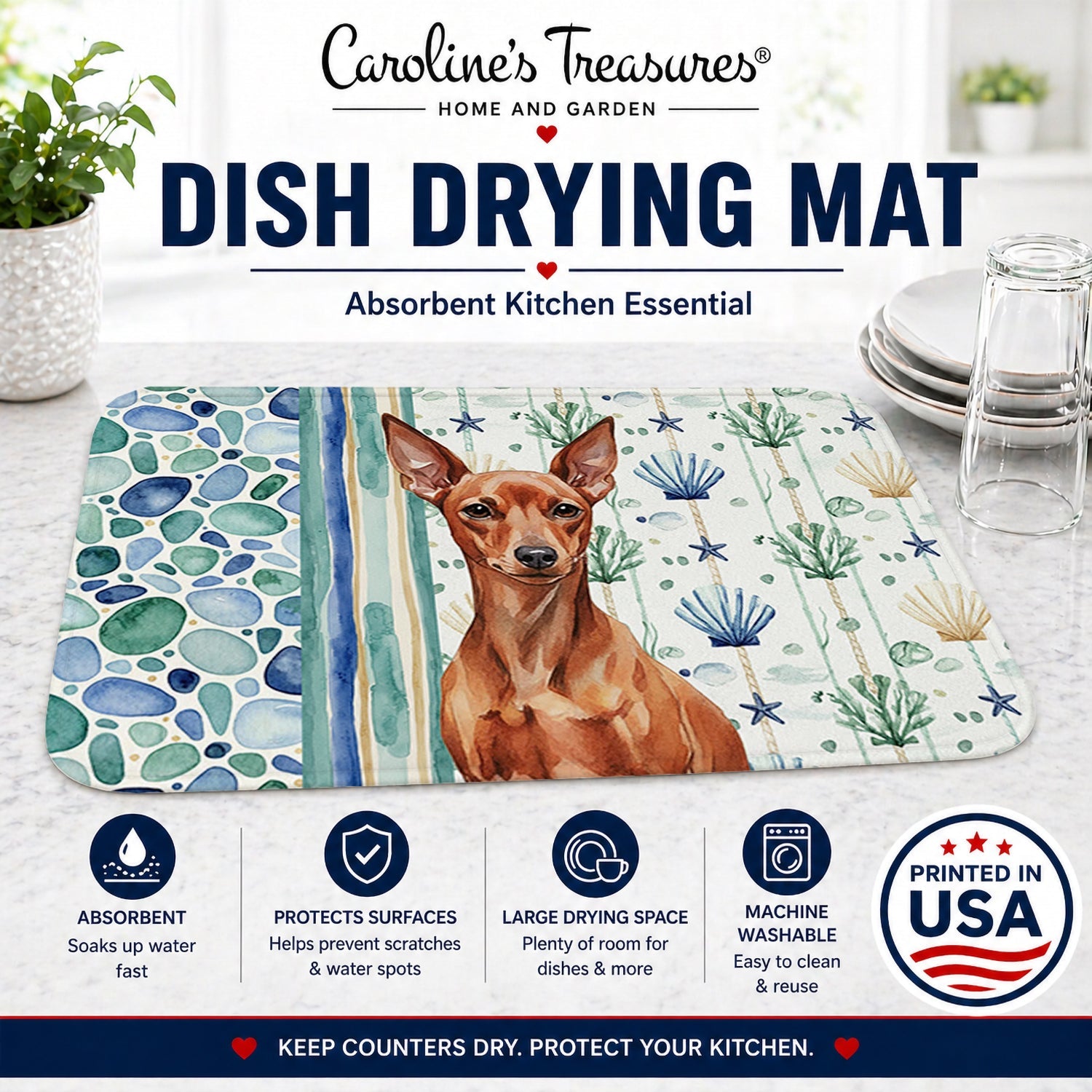 Red Miniature Pinscher Min Pin Coastal Sea Glass Dish Drying Mat Absorbent Dish Drying Mat Pad for Kitchen Counter Dish Drainer Mat for Countertop, 14 x 21", Multicolor