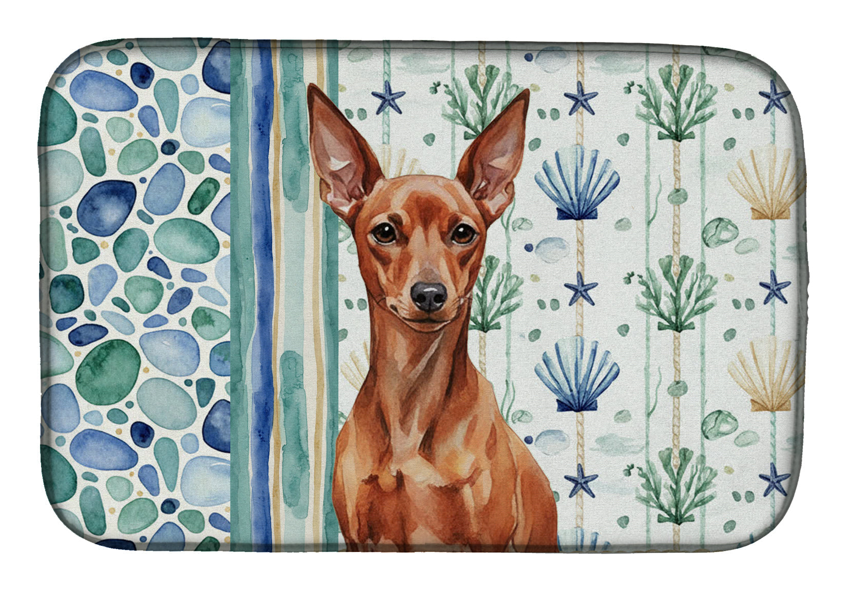 Red Miniature Pinscher Min Pin Coastal Sea Glass Dish Drying Mat Absorbent Dish Drying Mat Pad for Kitchen Counter Dish Drainer Mat for Countertop, 14 x 21", Multicolor