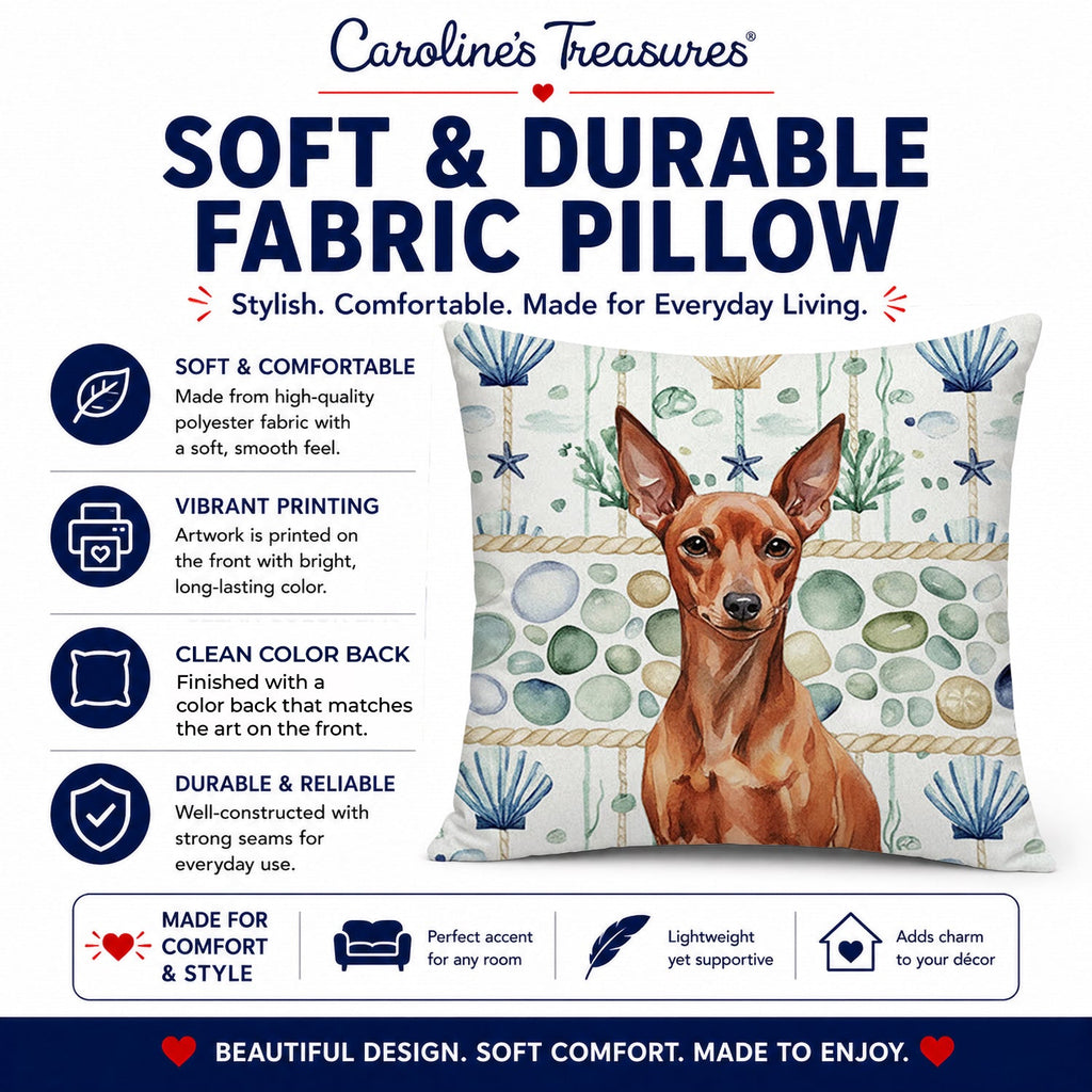 Red Miniature Pinscher Min Pin Coastal Sea Glass Decorative Throw Pillow 14x14 Indoor Outdoor Accent Cushion, Fabric Cover with Insert for Sofa, Bed, Porch & Living Room