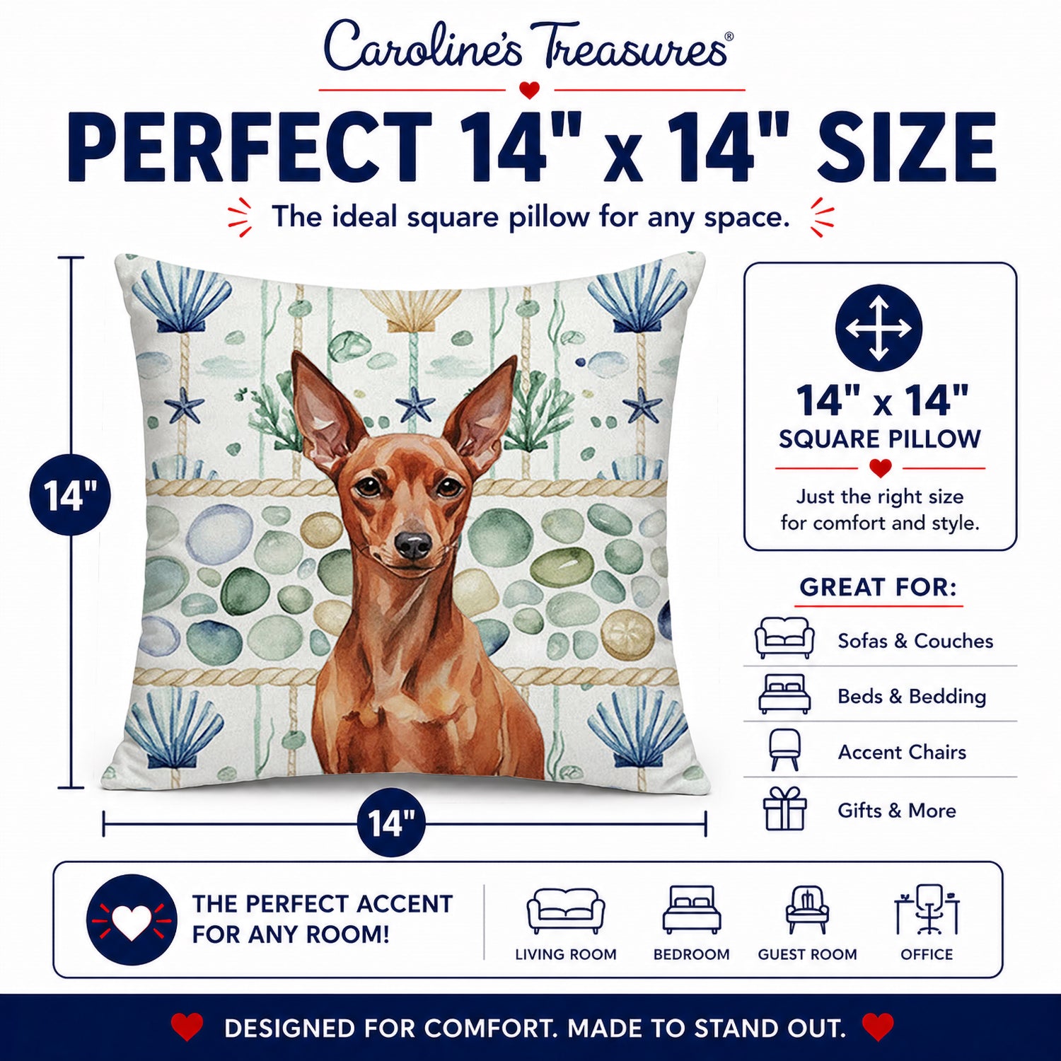 Red Miniature Pinscher Min Pin Coastal Sea Glass Decorative Throw Pillow 14x14 Indoor Outdoor Accent Cushion, Fabric Cover with Insert for Sofa, Bed, Porch & Living Room