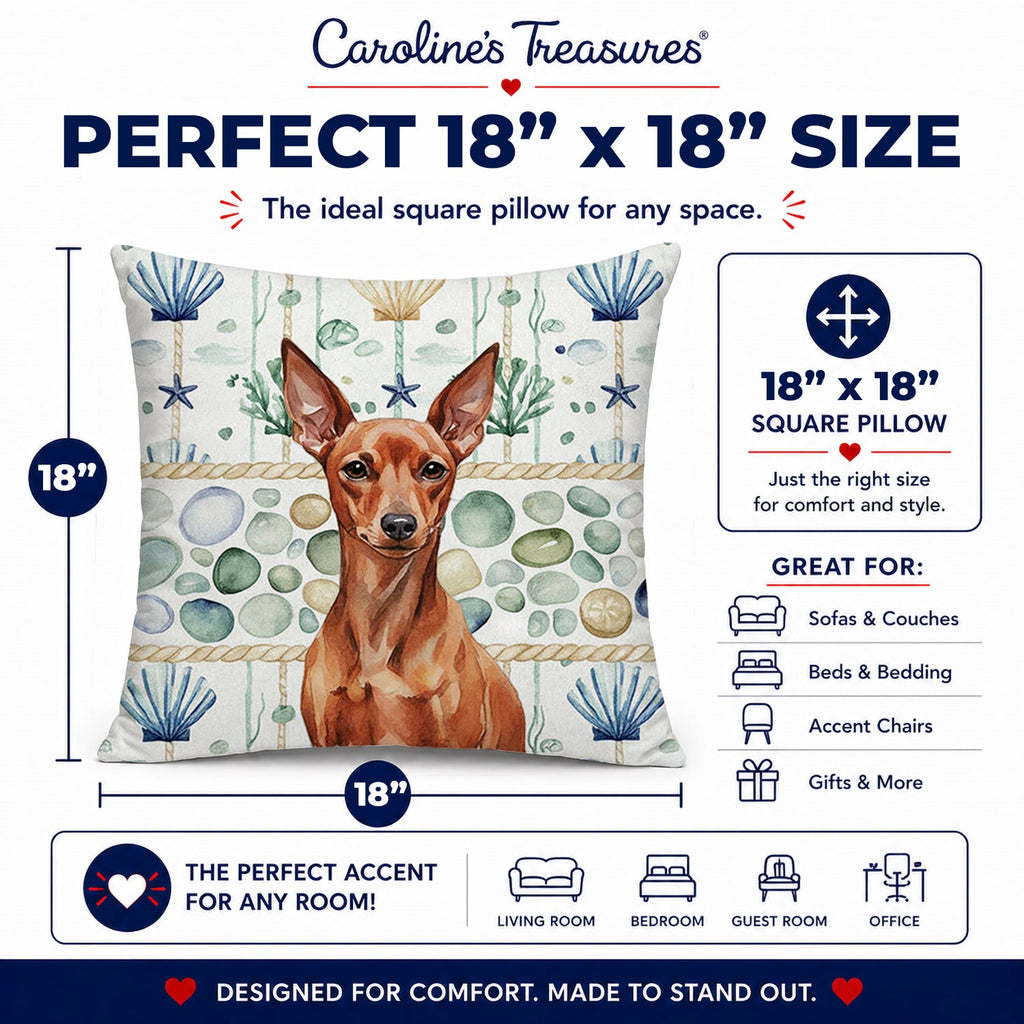 Red Miniature Pinscher Min Pin Coastal Sea Glass Decorative Throw Pillow 18x18 Indoor Outdoor Accent Cushion, Fabric Cover with Insert for Sofa, Bed, Porch & Living Room