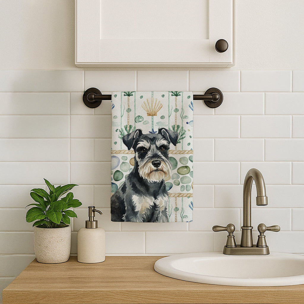 Black & Silver Miniature Schnauzer Coastal Sea Glass Kitchen Towel Velour Plush Front and Cotton Loop Back Machine Washable