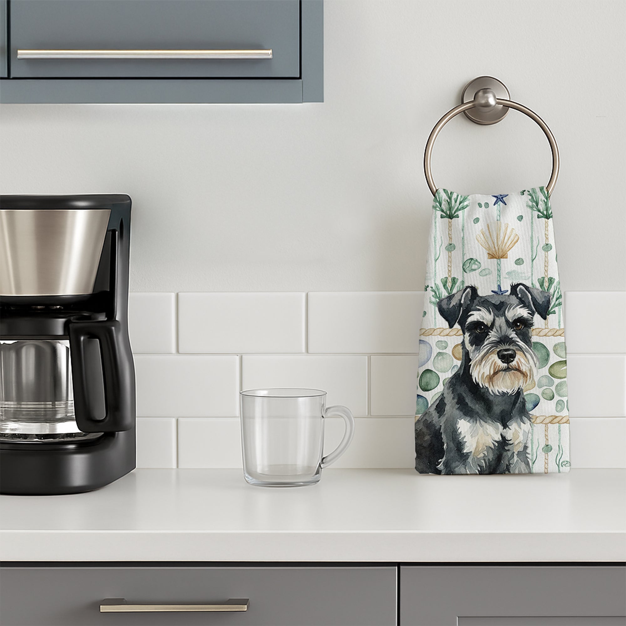Black & Silver Miniature Schnauzer Coastal Sea Glass Kitchen Towel Velour Plush Front and Cotton Loop Back Machine Washable