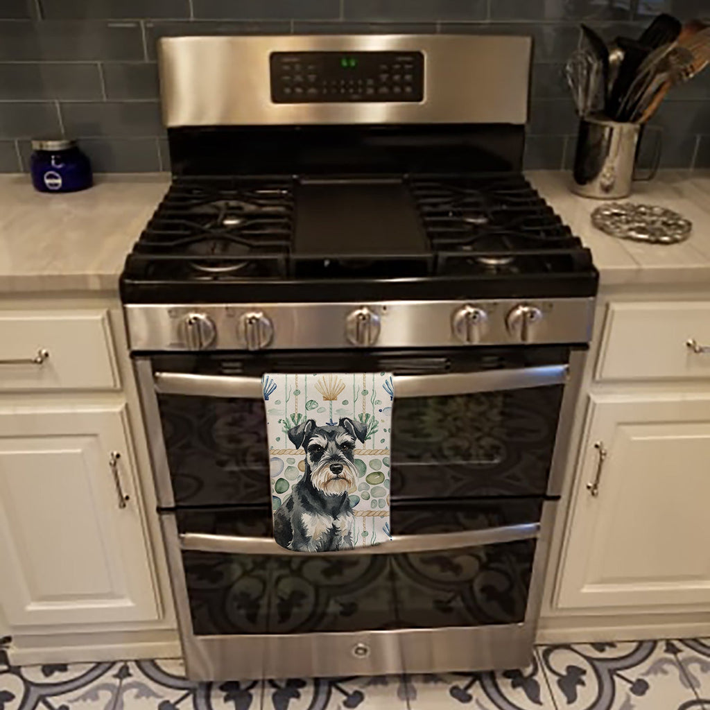Black & Silver Miniature Schnauzer Coastal Sea Glass Kitchen Towel Velour Plush Front and Cotton Loop Back Machine Washable