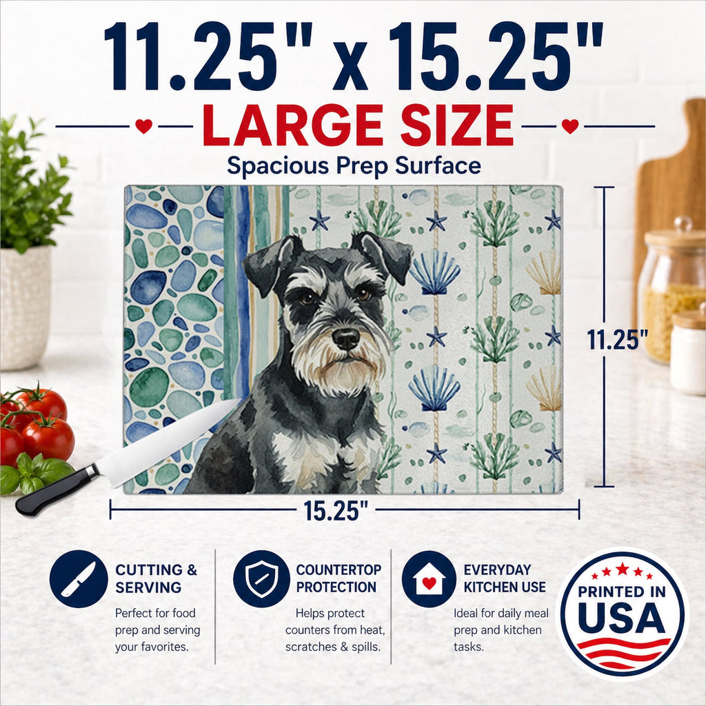 Black & Silver Miniature Schnauzer Coastal Sea Glass Cutting Board Tempered Glass Kitchen Cutting Surface, Heat Resistant Chopping, Non-Slip Feet, Food Prep & Serving