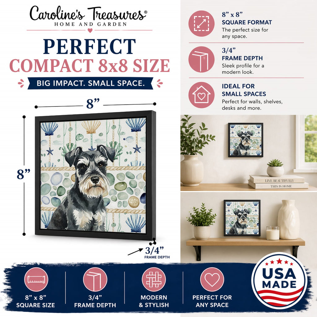 Black & Silver Miniature Schnauzer Coastal Sea Glass Framed Metal Print Bathroom, Kitchen, Office, Home Decor Wall Art Ready to Hang, Square, 8X8