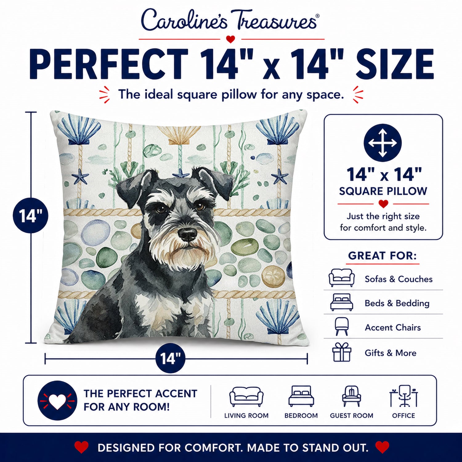 Black & Silver Miniature Schnauzer Coastal Sea Glass Decorative Throw Pillow 14x14 Indoor Outdoor Accent Cushion, Fabric Cover with Insert for Sofa, Bed, Porch & Living Room