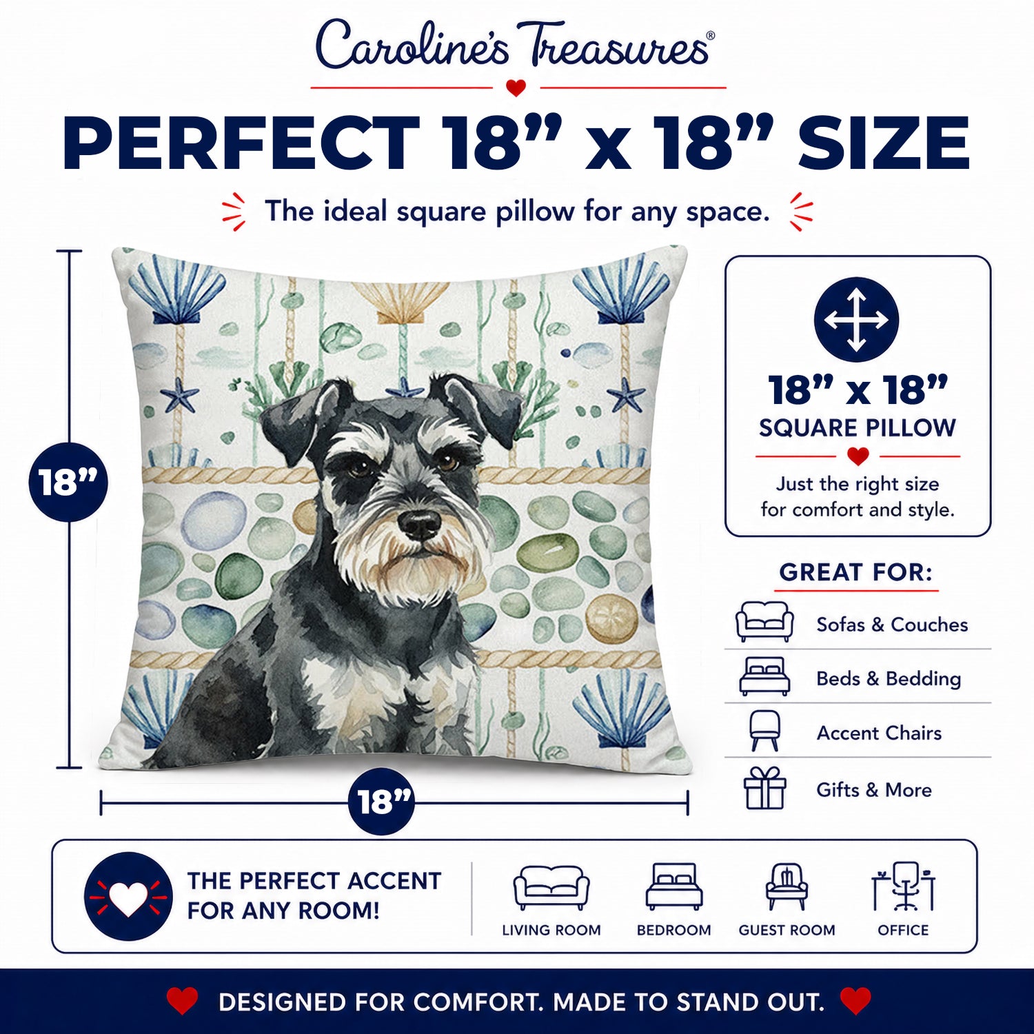 Black & Silver Miniature Schnauzer Coastal Sea Glass Decorative Throw Pillow 18x18 Indoor Outdoor Accent Cushion, Fabric Cover with Insert for Sofa, Bed, Porch & Living Room