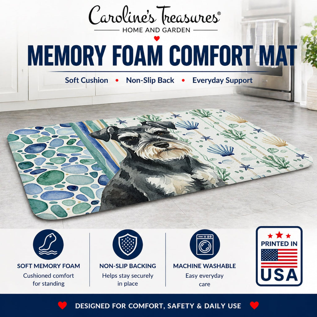 Black & Silver Miniature Schnauzer Coastal Sea Glass Memory Foam Kitchen Mat Machine Washable Anti-Fatigue Cushion Comfort Bath or Kitchen Rug