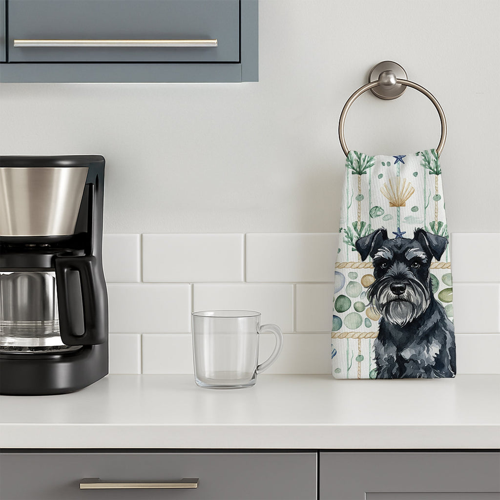 Black Miniature Schnauzer Coastal Sea Glass Kitchen Towel Velour Plush Front and Cotton Loop Back Machine Washable