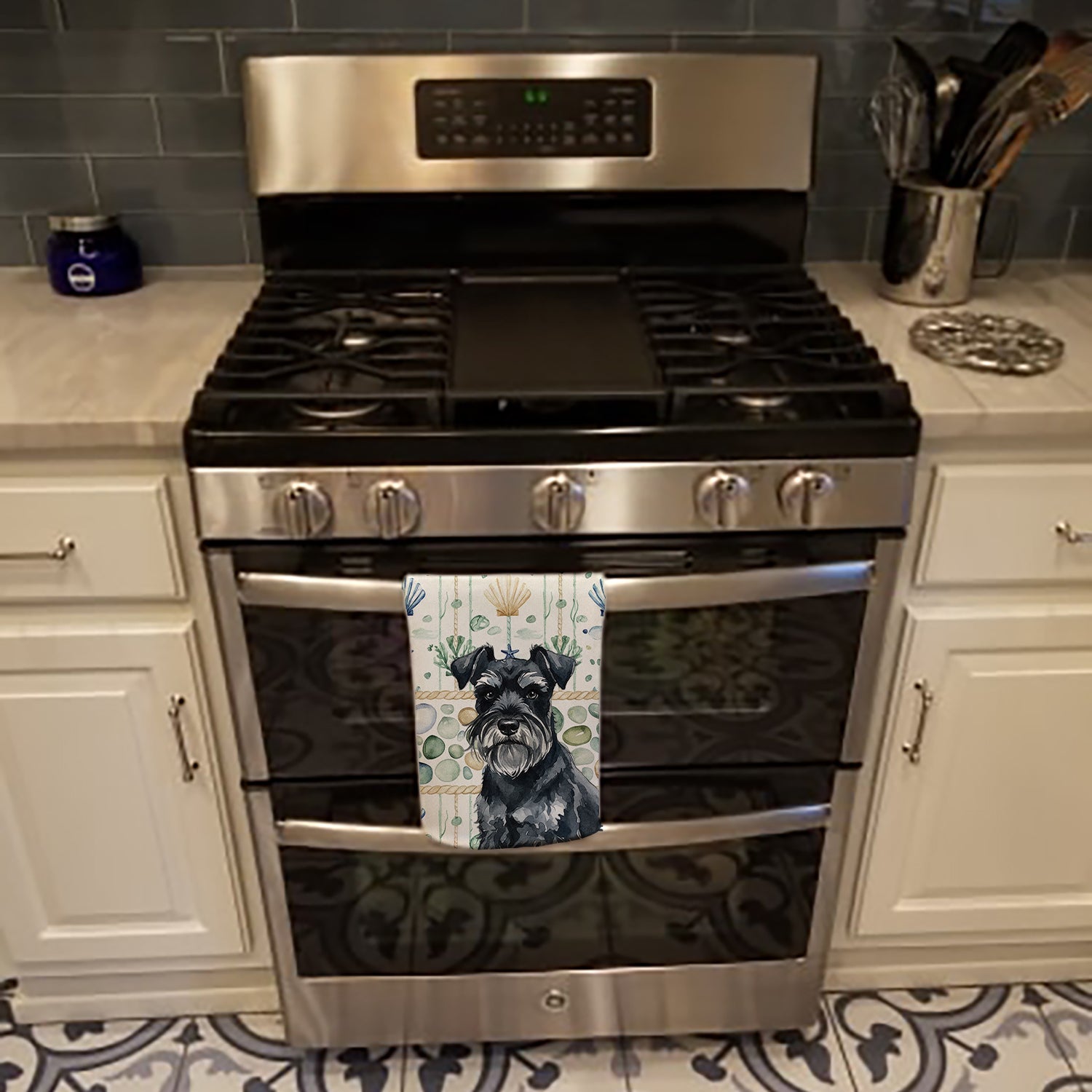 Black Miniature Schnauzer Coastal Sea Glass Kitchen Towel Velour Plush Front and Cotton Loop Back Machine Washable