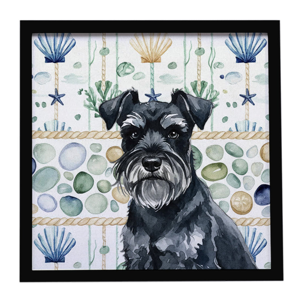 Black Miniature Schnauzer Coastal Sea Glass Framed Metal Print Bathroom, Kitchen, Office, Home Decor Wall Art Ready to Hang, Square, 8X8