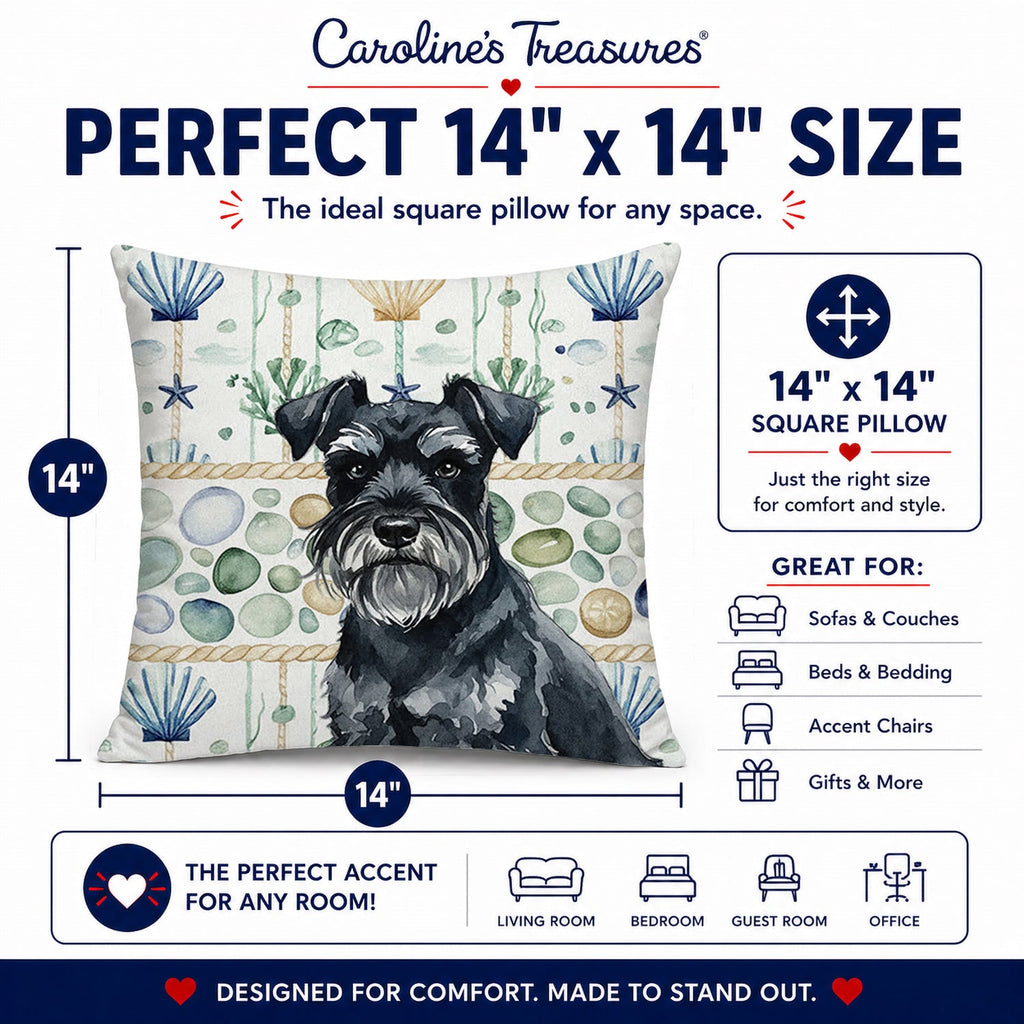 Black Miniature Schnauzer Coastal Sea Glass Decorative Throw Pillow 14x14 Indoor Outdoor Accent Cushion, Fabric Cover with Insert for Sofa, Bed, Porch & Living Room