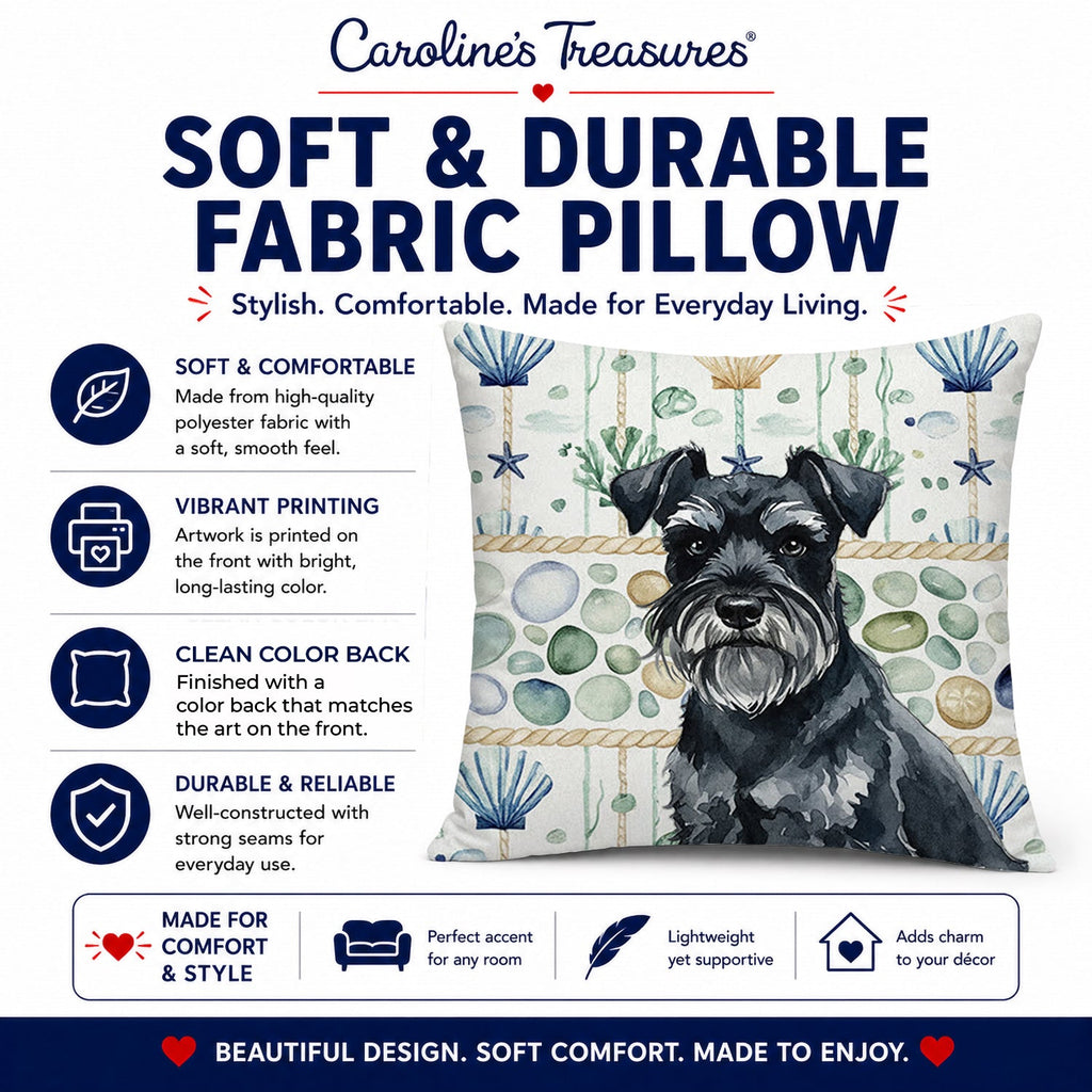 Black Miniature Schnauzer Coastal Sea Glass Decorative Throw Pillow 18x18 Indoor Outdoor Accent Cushion, Fabric Cover with Insert for Sofa, Bed, Porch & Living Room